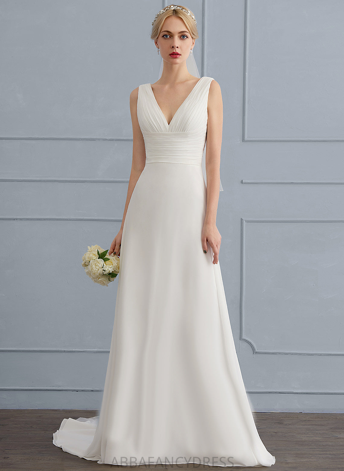 Wedding Dresses A-Line Train Lace Ruffle Dress Sweep Chiffon With V-neck Gabriella Wedding