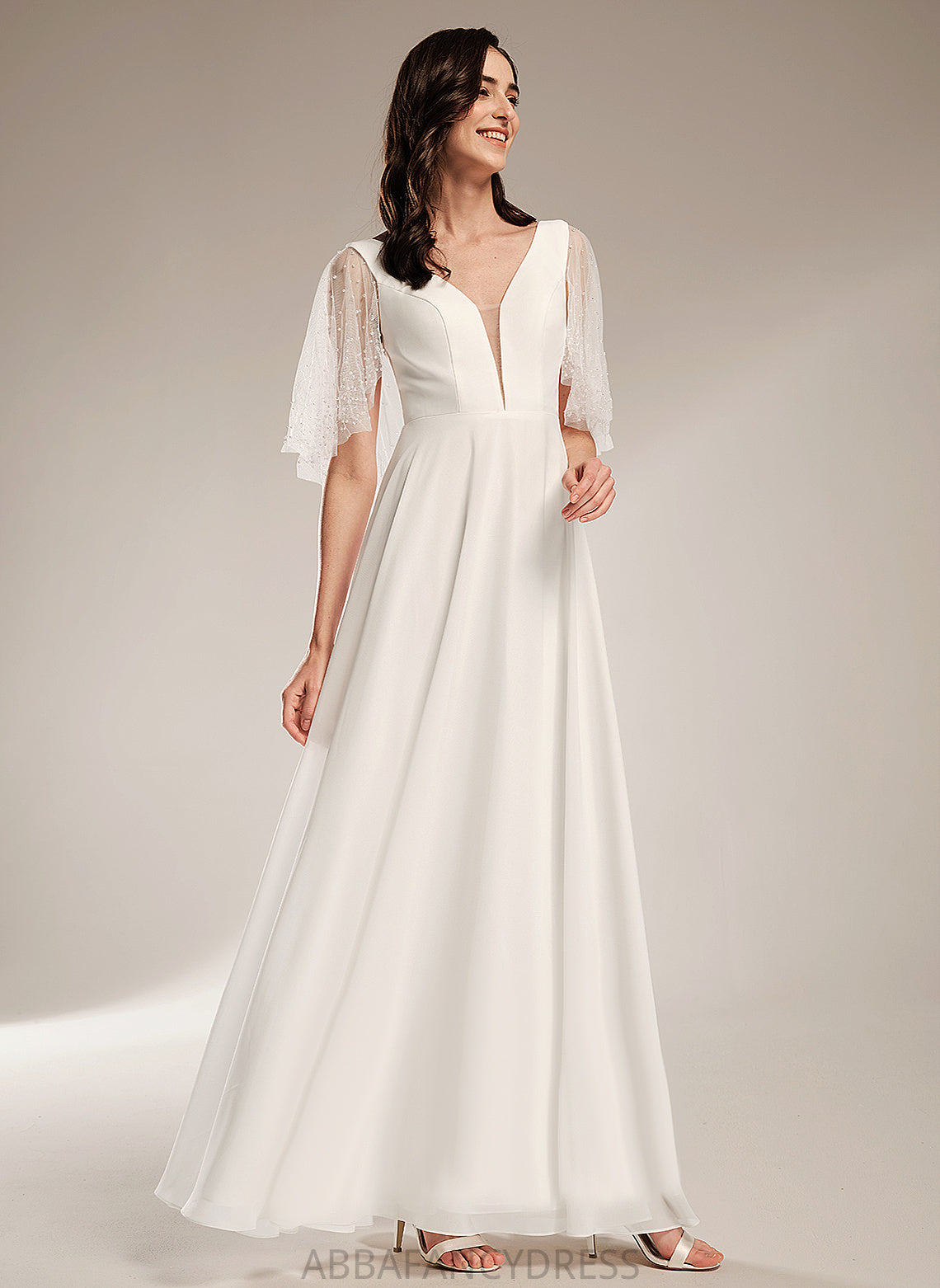 A-Line Dress Wedding Dresses Ximena Chiffon Floor-Length Wedding Beading V-neck With