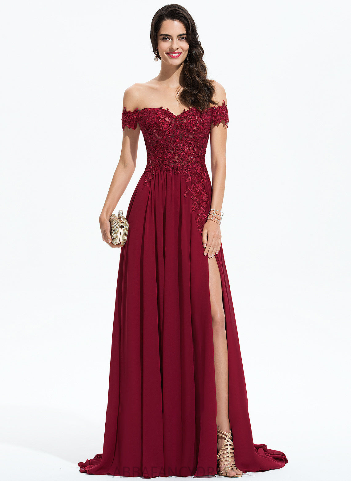 Sweep Annalise A-Line Lace Chiffon Sequins Off-the-Shoulder With Prom Dresses Train