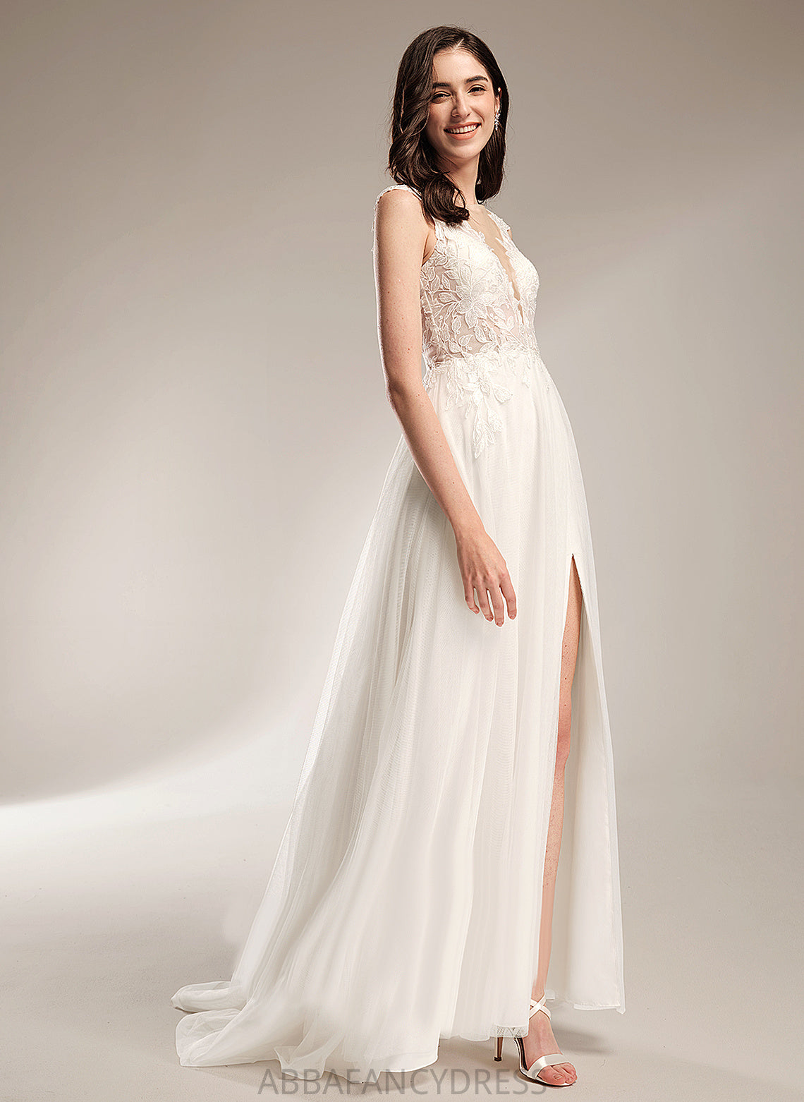 Lace With Wedding Train V-neck Sequins Marcie Tulle Dress Wedding Dresses Court A-Line