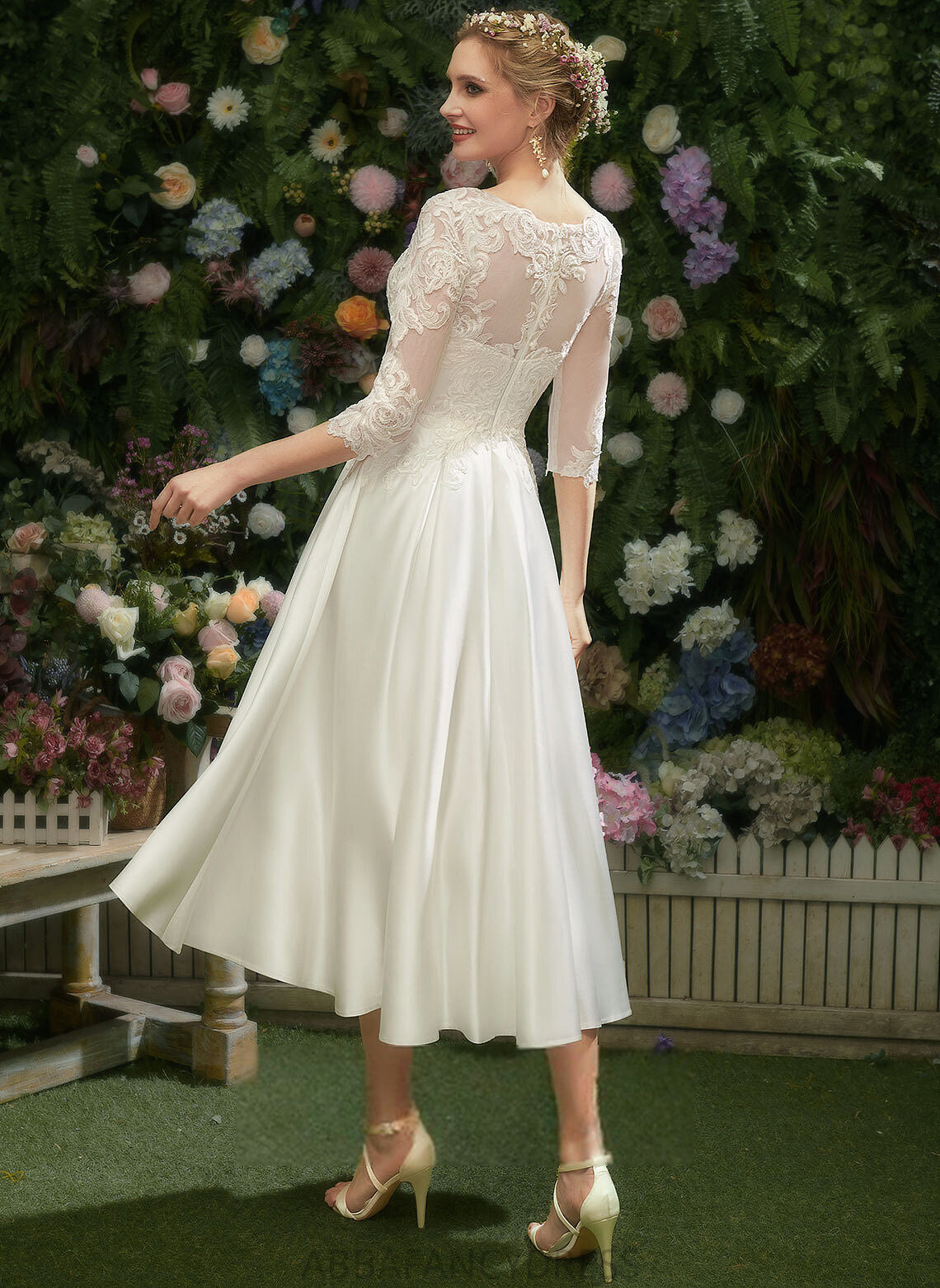 Tea-Length Nina Illusion Wedding Dresses Dress Lace With A-Line Wedding Satin