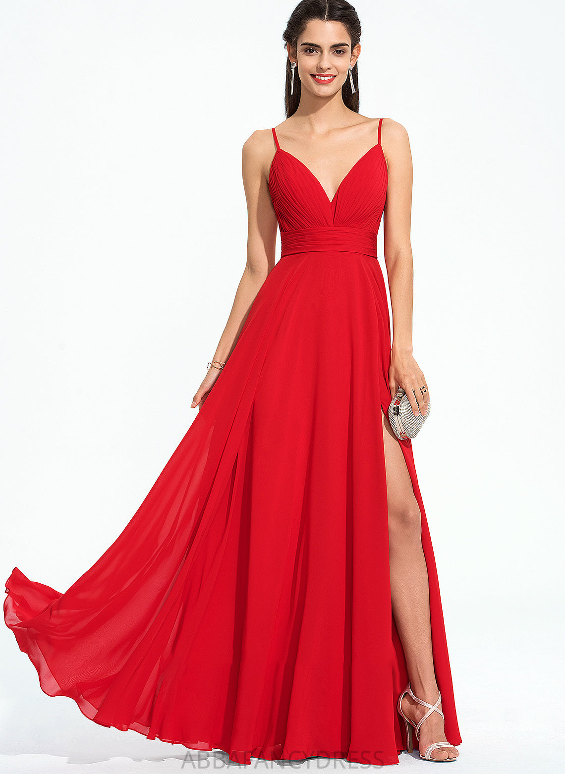 Kaelyn Floor-Length Chiffon Front A-Line Split Ruffle V-neck Prom Dresses With