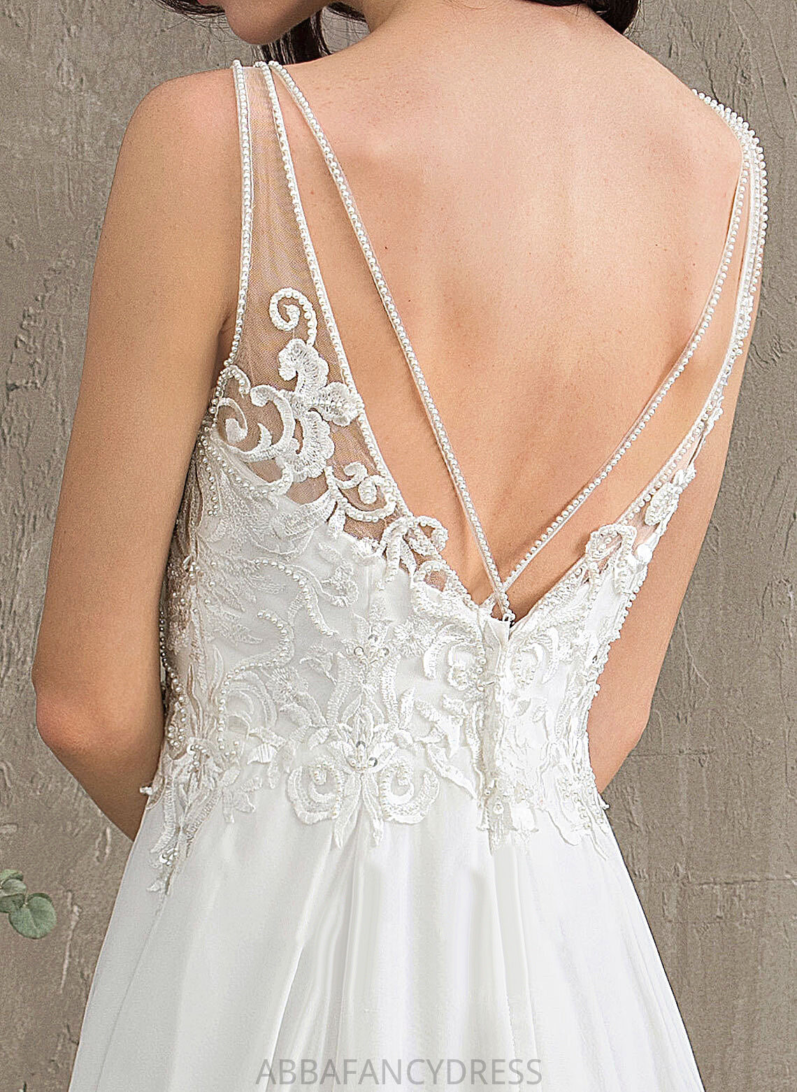 Wedding Dresses Front Sequins Lace Beading Sweep A-Line Train With Split Chiffon V-neck Wedding Dress Tabitha