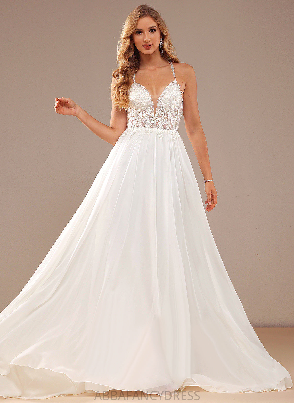 Wedding Dresses A-Line Train Liana Sequins Chiffon With Beading V-neck Sweep Lace Wedding Dress