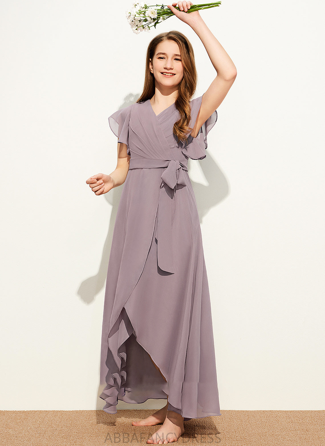 Bow(s) Ruffle Chiffon V-neck Lucy With Asymmetrical A-Line Junior Bridesmaid Dresses