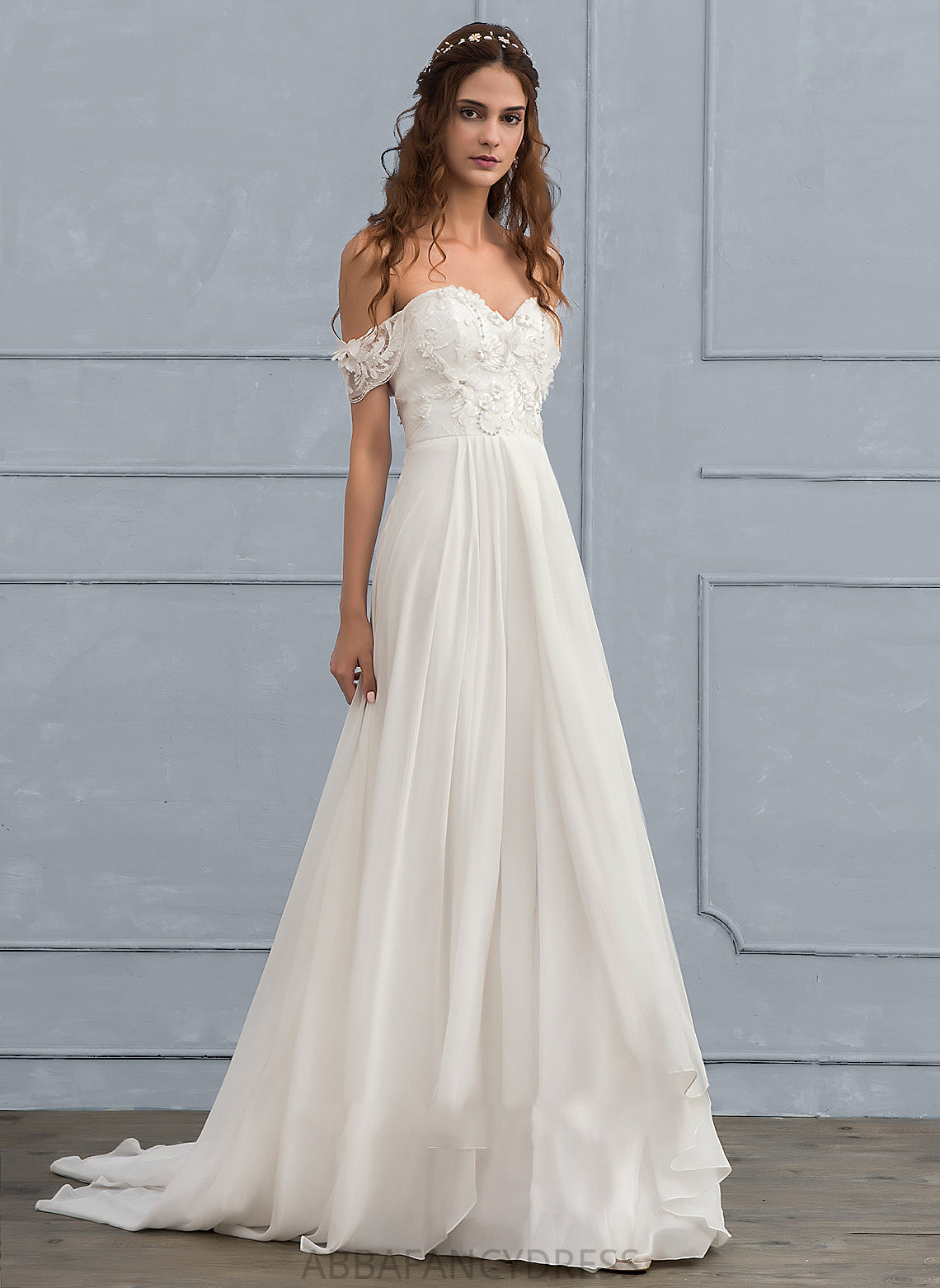 A-Line With Dress Sweep Train Wedding Eleanor Lace Chiffon Beading Wedding Dresses Flower(s)