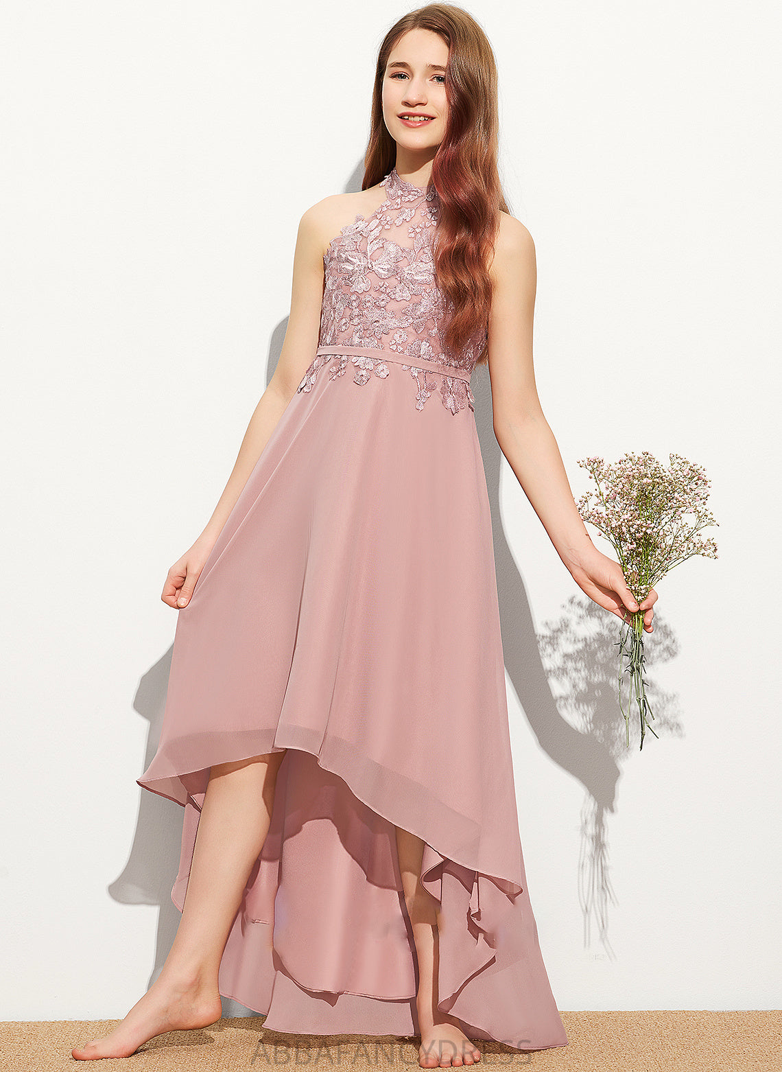 A-Line Lace Chiffon Neck Junior Bridesmaid Dresses Asymmetrical Katherine Scoop