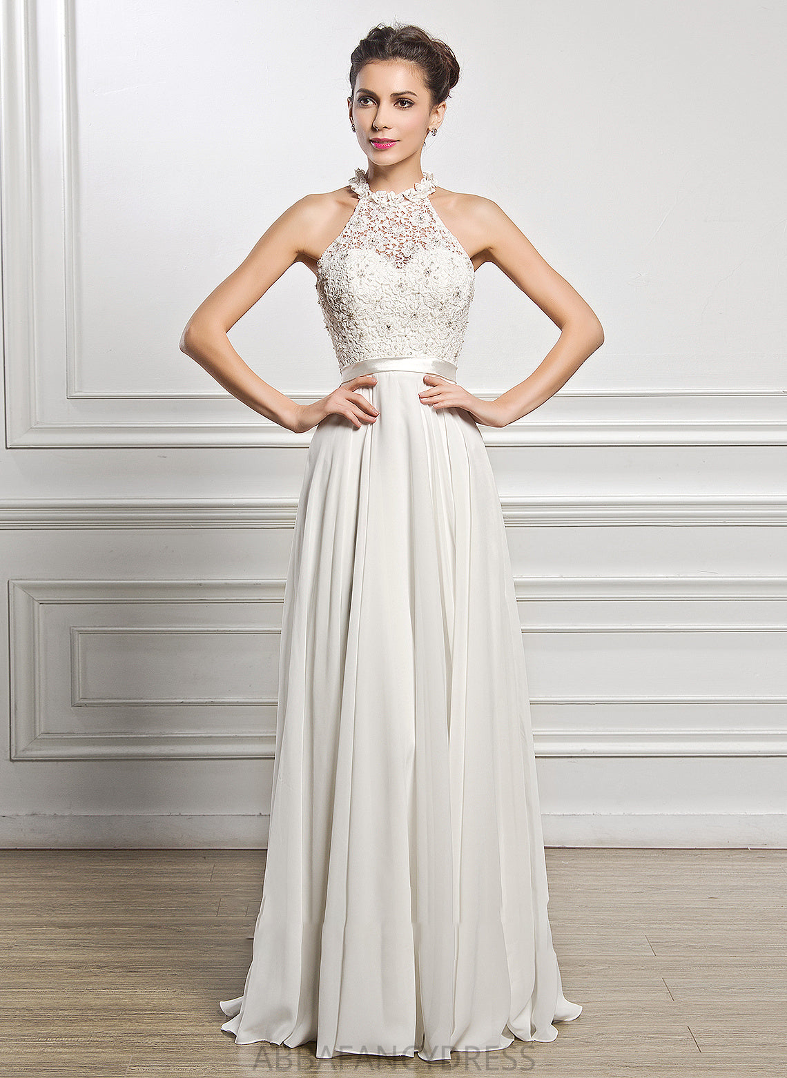 Dress Neck Floor-Length Wedding Sequins Beading Chiffon Wedding Dresses With A-Line Kimora Scoop