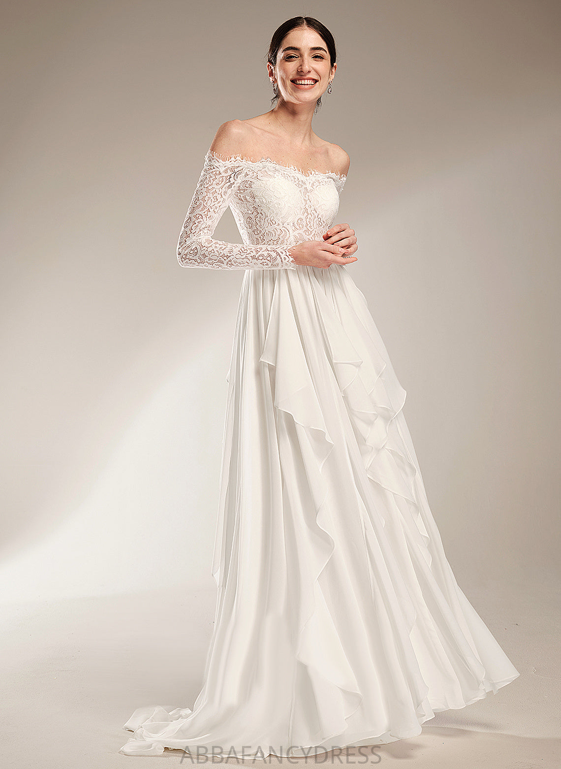 Wedding Dresses A-Line Wedding Train Chiffon Lace Nell Court Off-the-Shoulder With Dress Ruffle