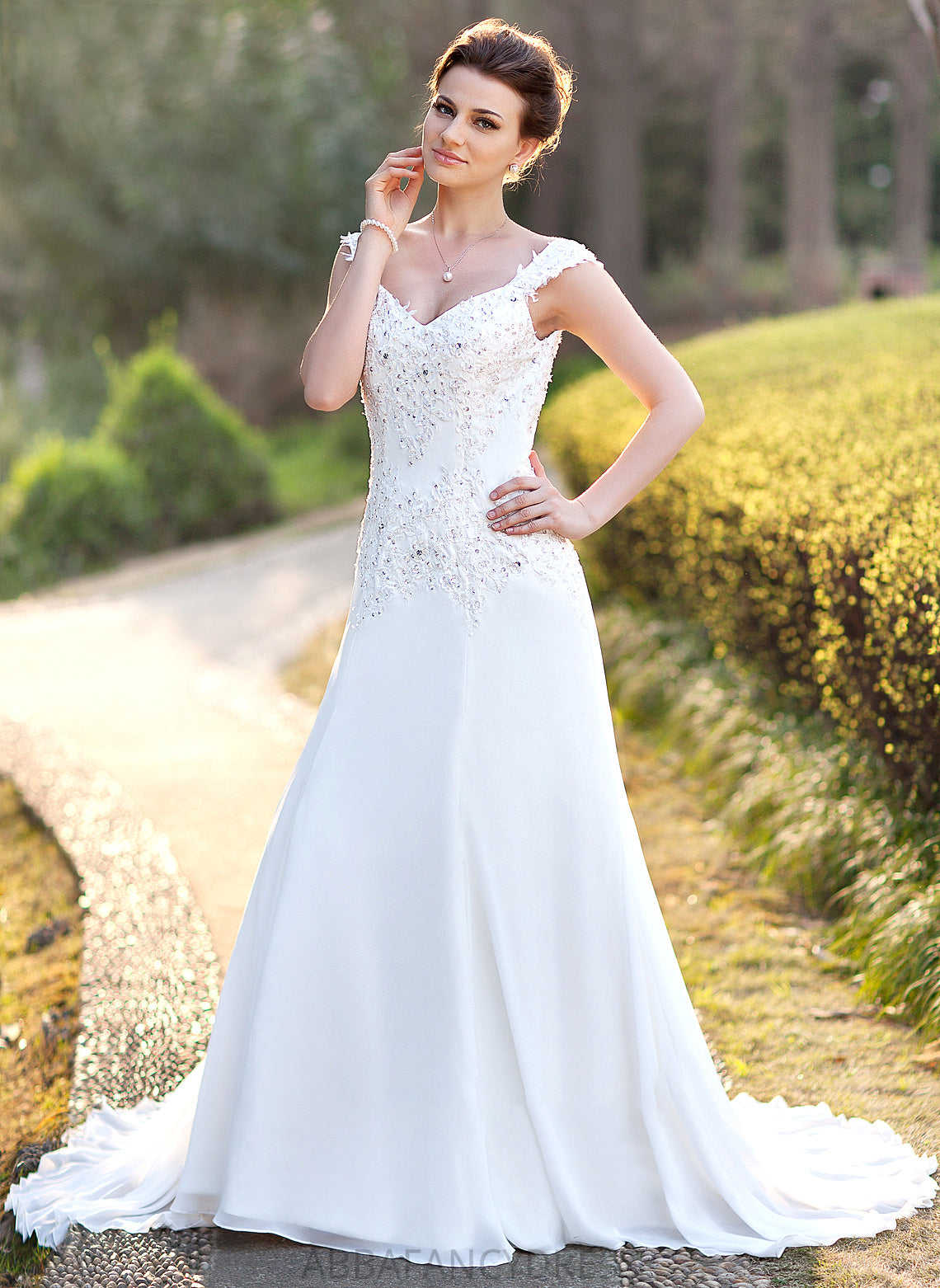 Lace Train Beading V-neck A-Line Wedding With Miah Wedding Dresses Court Sequins Dress Chiffon