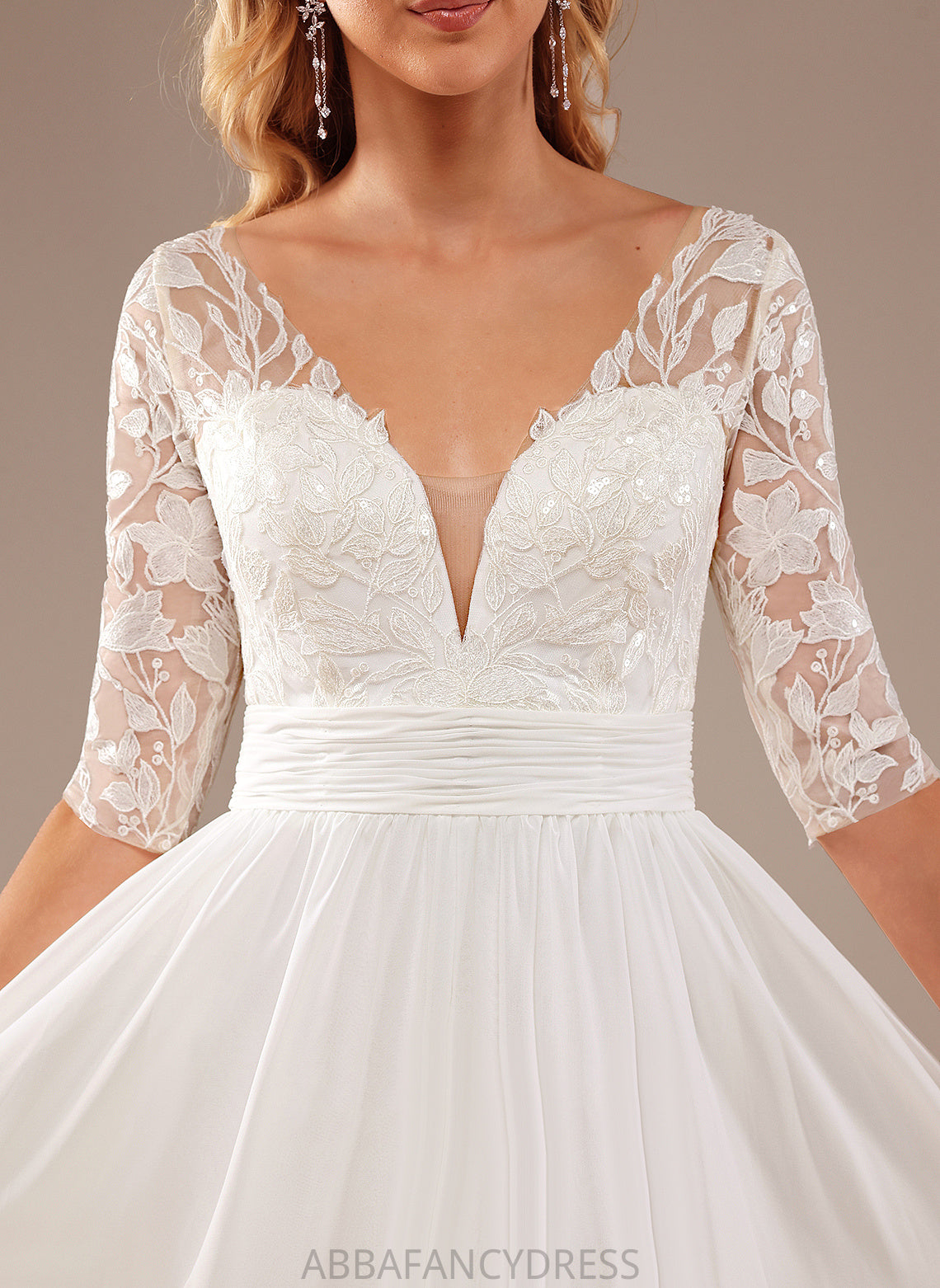 Sequins Lace Dress V-neck Wedding A-Line Chiffon With Ruffle Wedding Dresses Annie Floor-Length