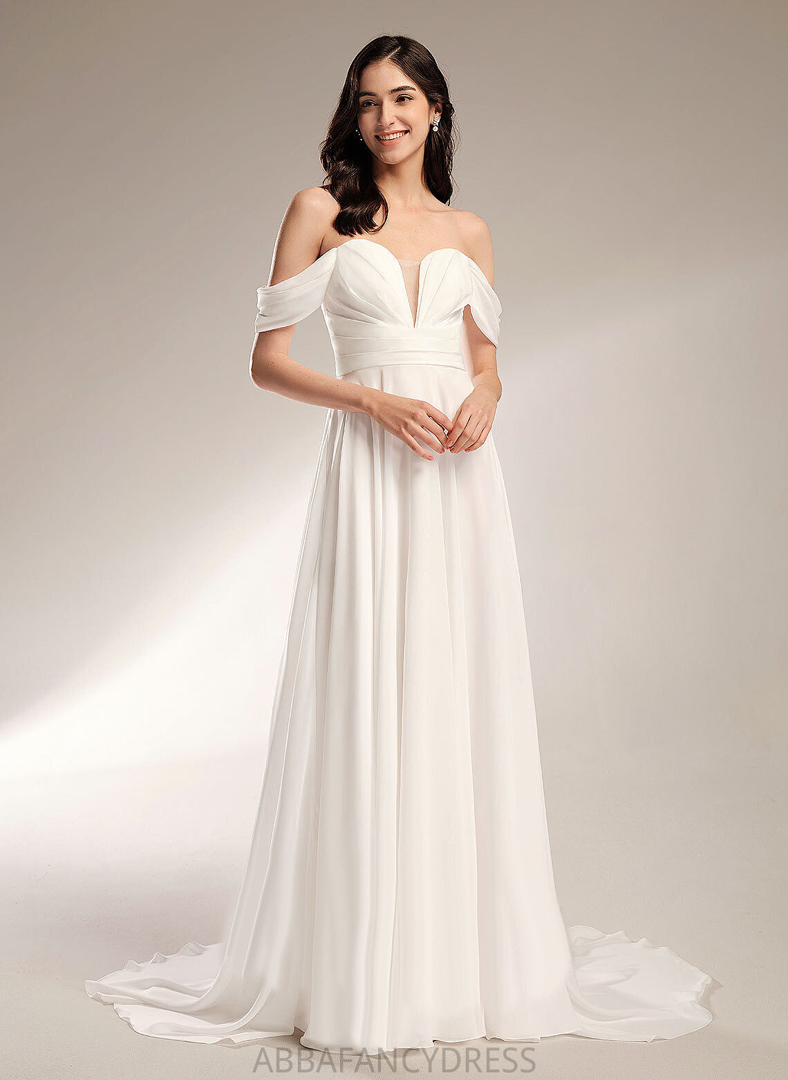 Wedding Dresses A-Line Wedding Court Off-the-Shoulder Dress Pleated With Chelsea Train Chiffon