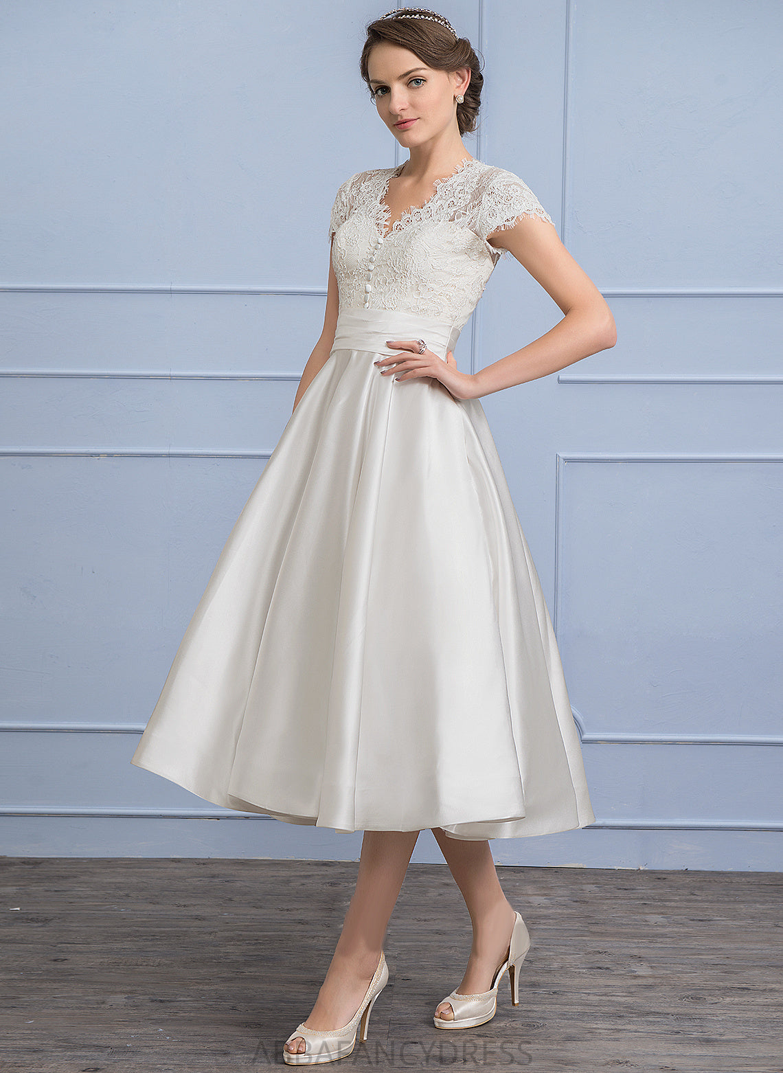 Satin Dress With Wedding A-Line Sophia Tea-Length Wedding Dresses Pockets Lace Ruffle V-neck