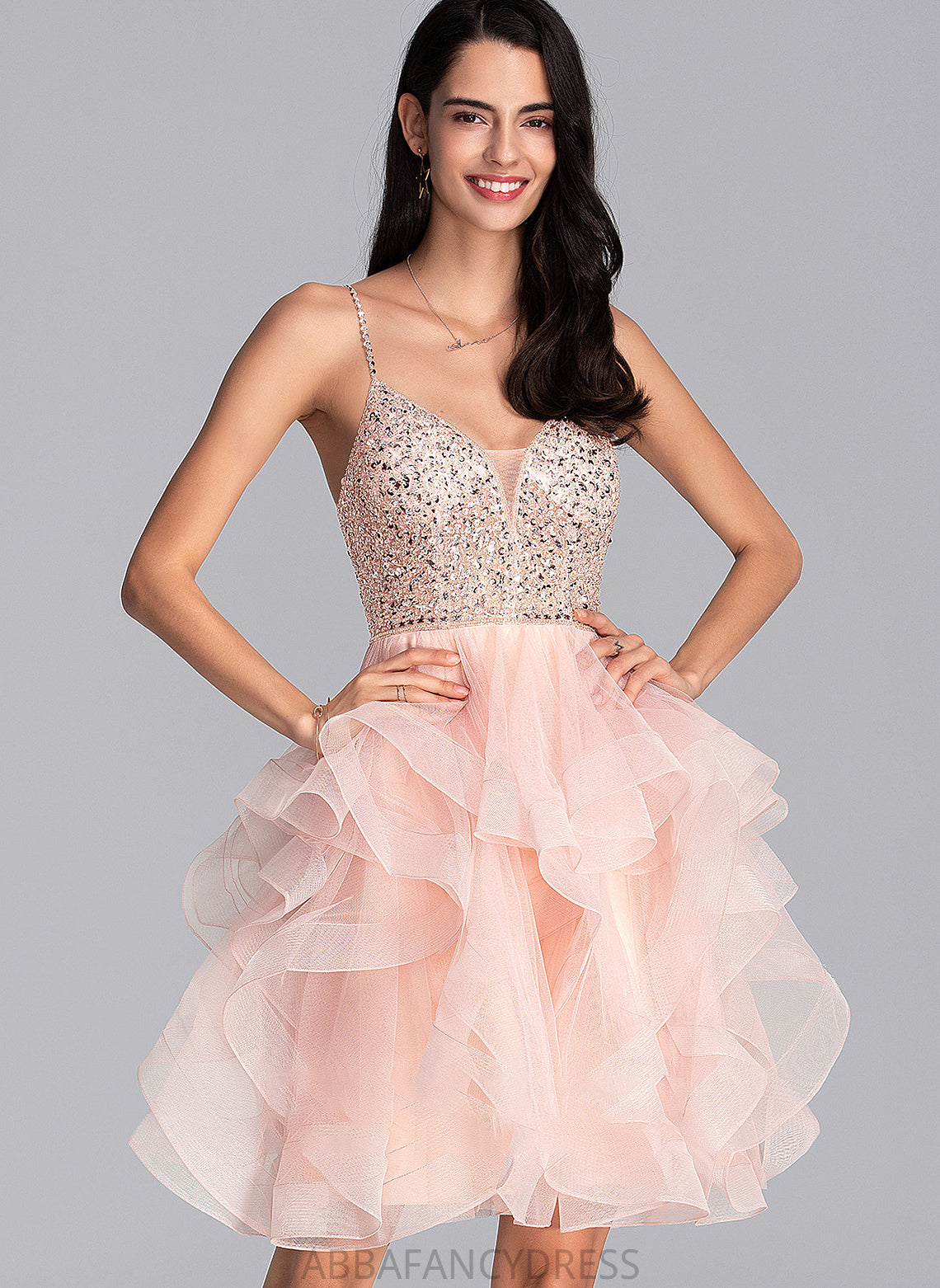 Ball-Gown/Princess Prom Dresses Knee-Length Sequins V-neck Elsie Tulle Beading With