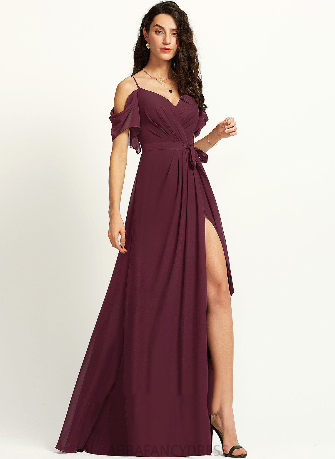 V-neck Nicole With Split Prom Dresses Ruffle Floor-Length A-Line Front