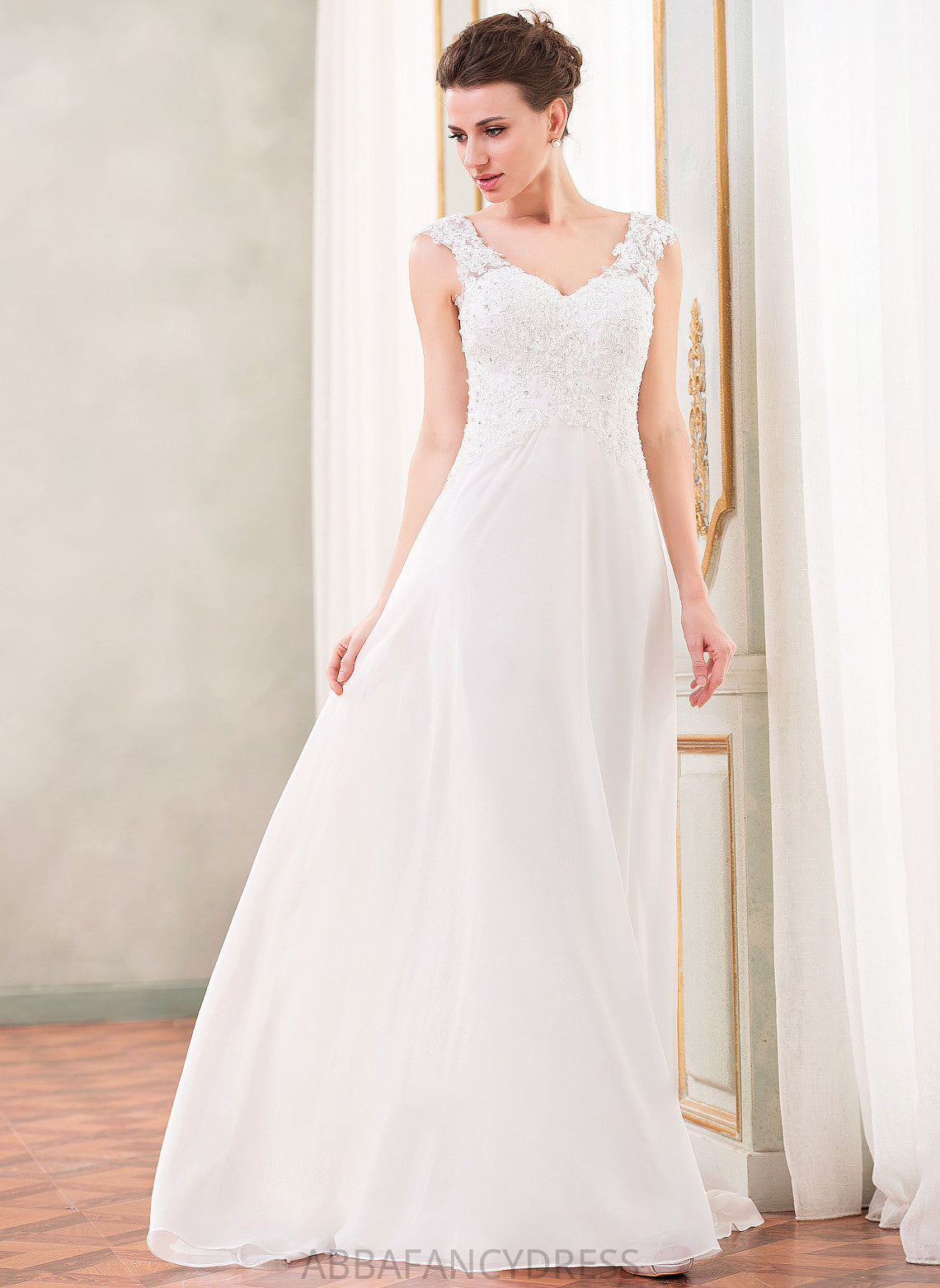 Beading Dress V-neck Chiffon Wedding A-Line Alina Wedding Dresses Sequins Train With Lace Sweep