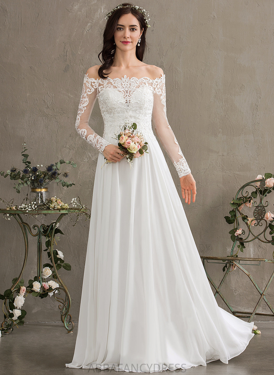 Chiffon Lace Lace Dress Wedding Dresses A-Line Wedding Off-the-Shoulder Guadalupe Floor-Length With