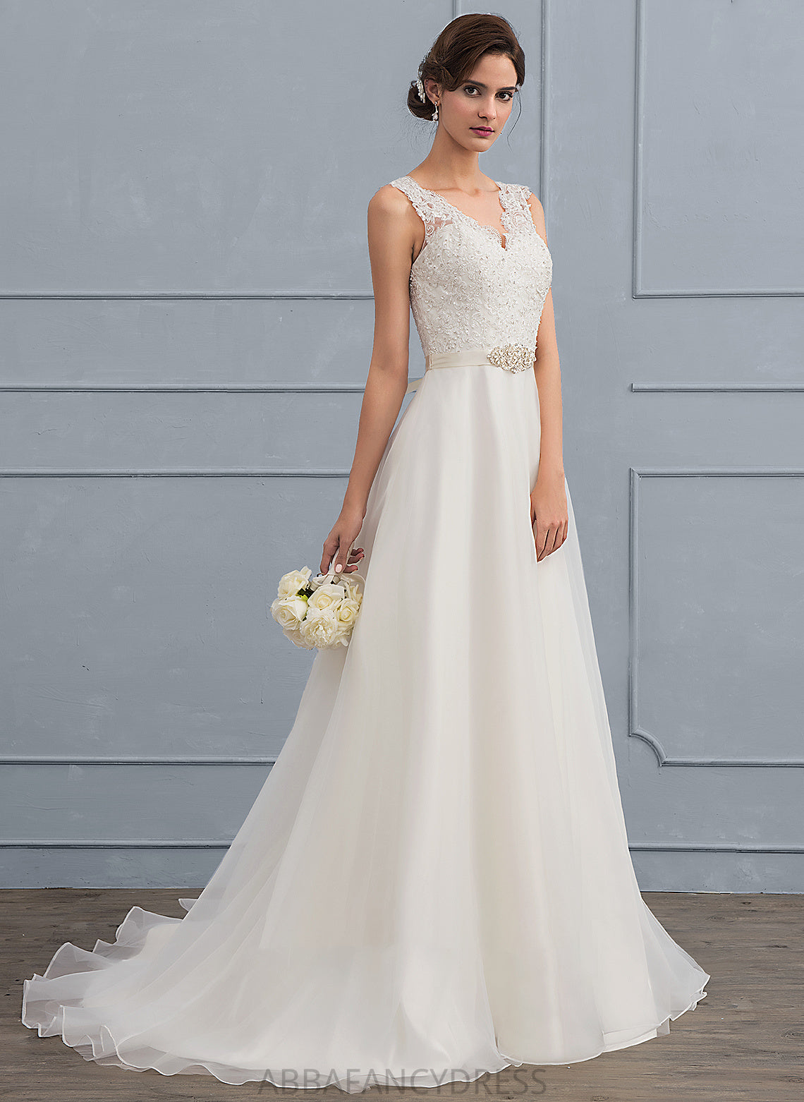 Wedding Dresses With Train A-Line Bow(s) Organza Sweep V-neck Wedding Dress Beading Madelyn