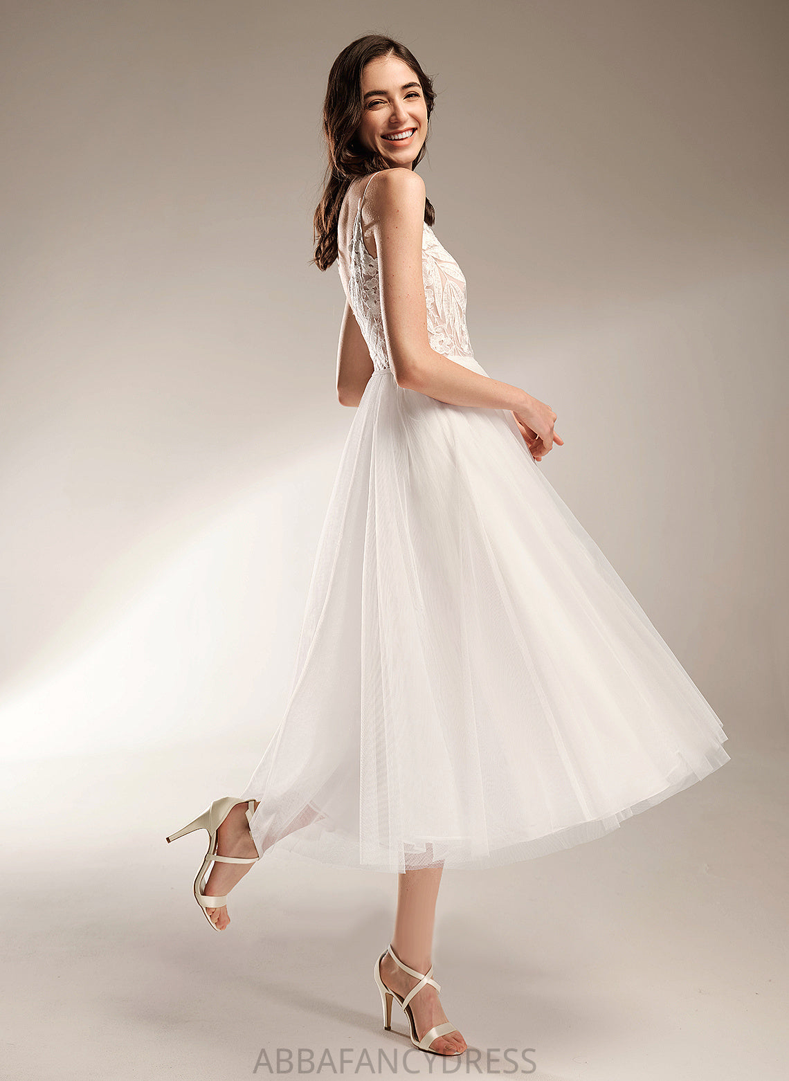 Lace A-Line Dress Tulle Tea-Length V-neck Kaylie Wedding Dresses Wedding