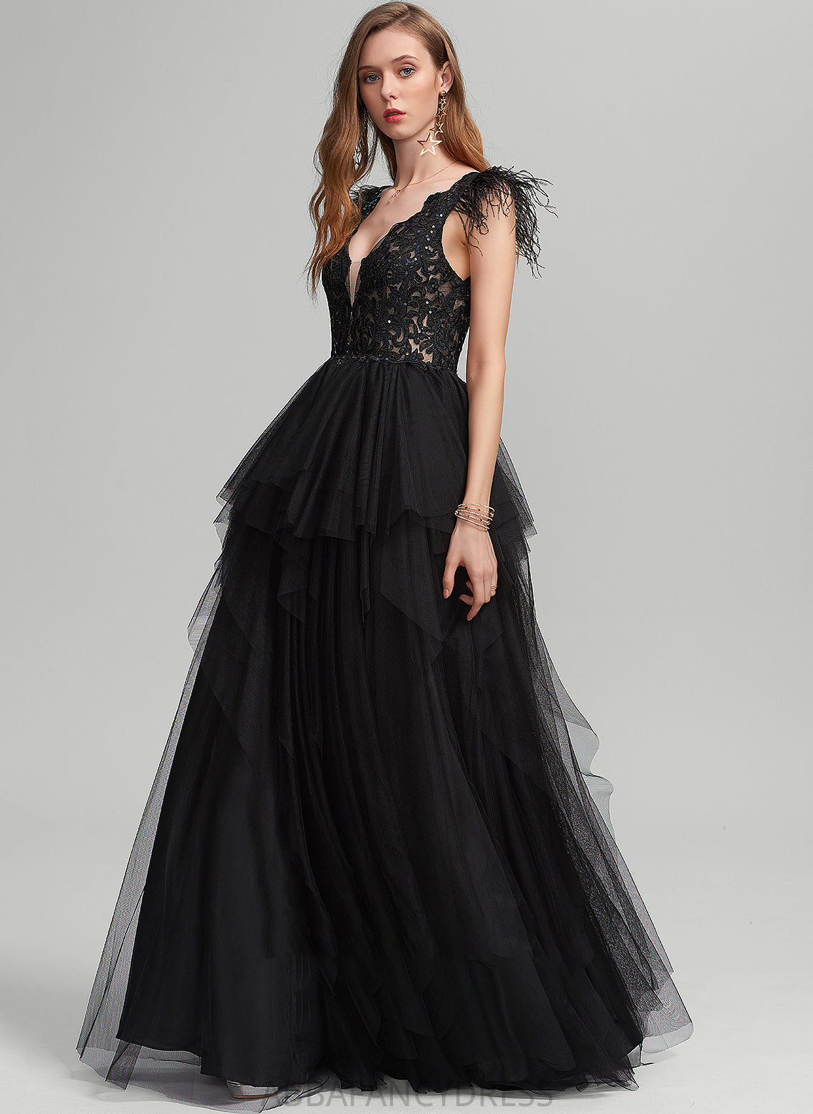 Sequins Tulle V-neck With Ball-Gown/Princess Floor-Length Feather Raegan Prom Dresses