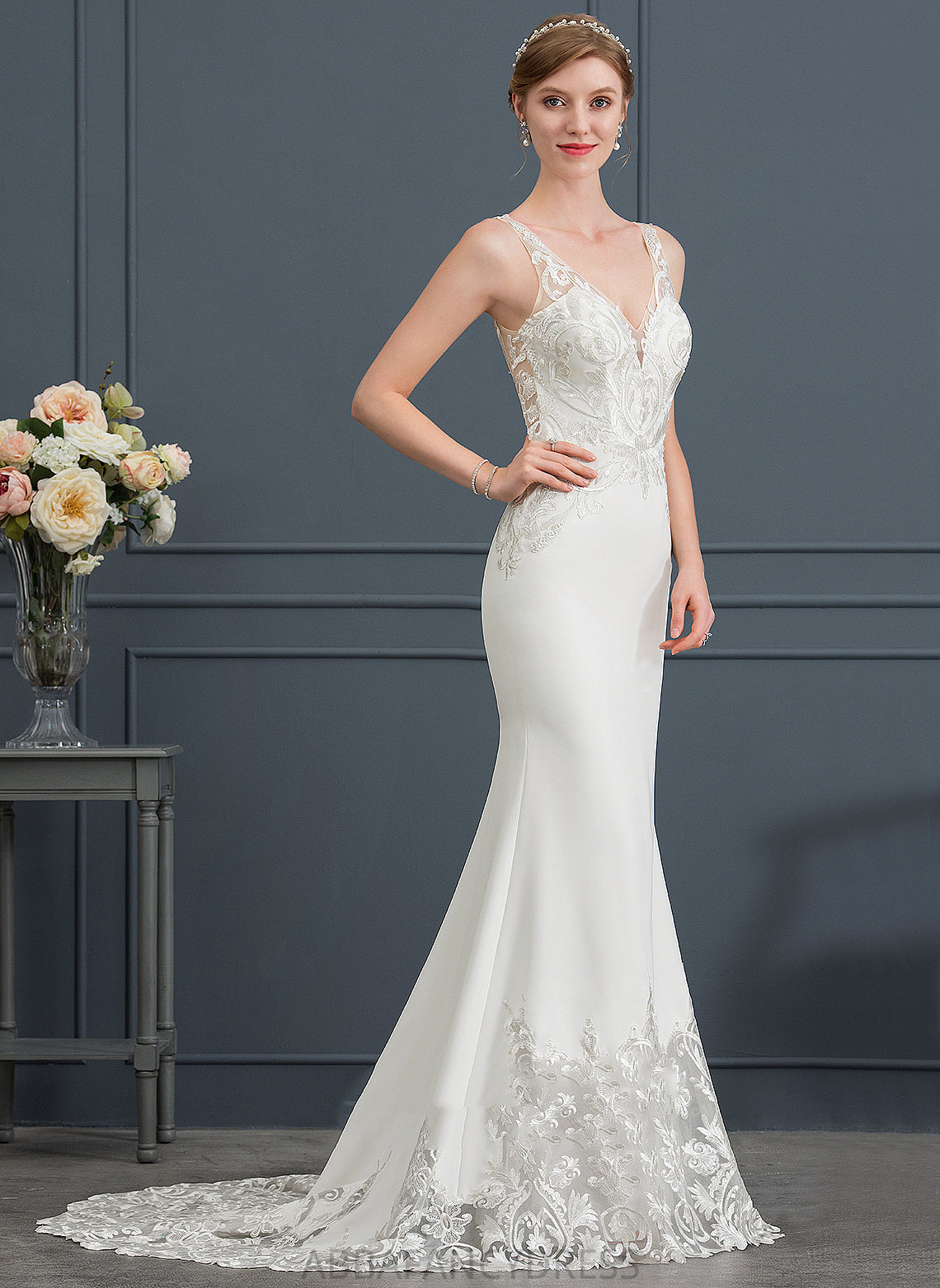 Stretch Dress Wedding Court Crepe Lace Train Wedding Dresses Ximena Trumpet/Mermaid V-neck