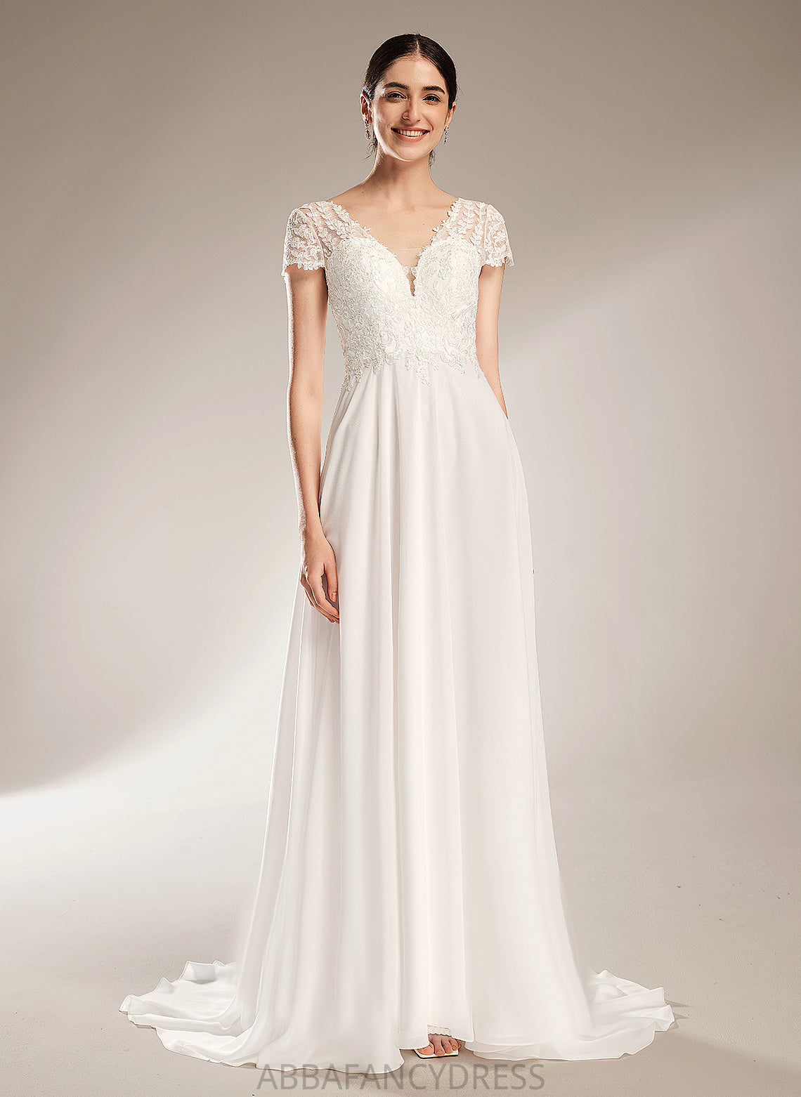 Chiffon Bow(s) V-neck Monique A-Line Wedding Dresses Dress Court Lace With Wedding Train