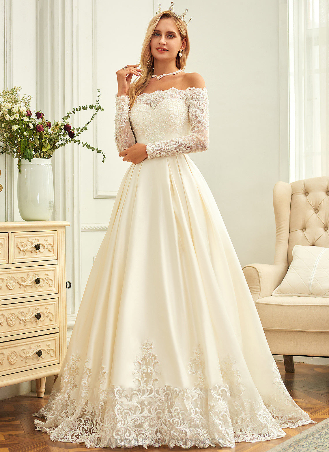 With Sweep Beading Lace Isis Wedding Ball-Gown/Princess Sequins Wedding Dresses Satin Dress Train Off-the-Shoulder