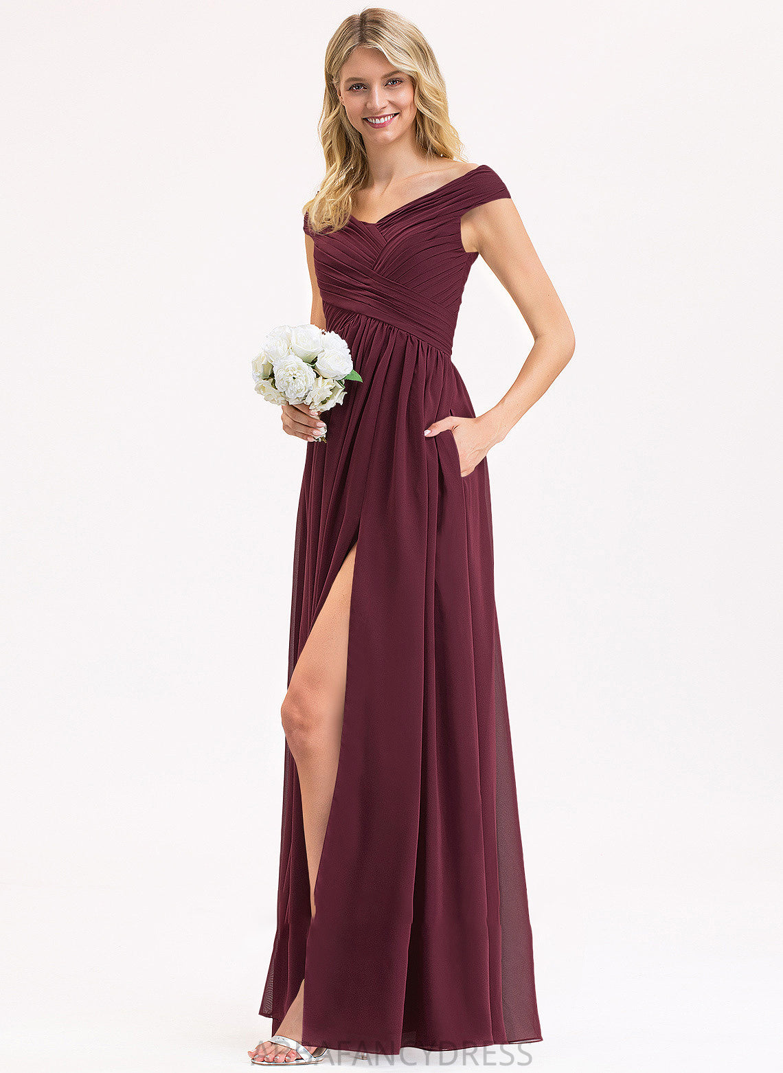 Pockets Chiffon Ruffle Floor-Length Off-the-Shoulder Angelina Prom Dresses Front A-Line Split With