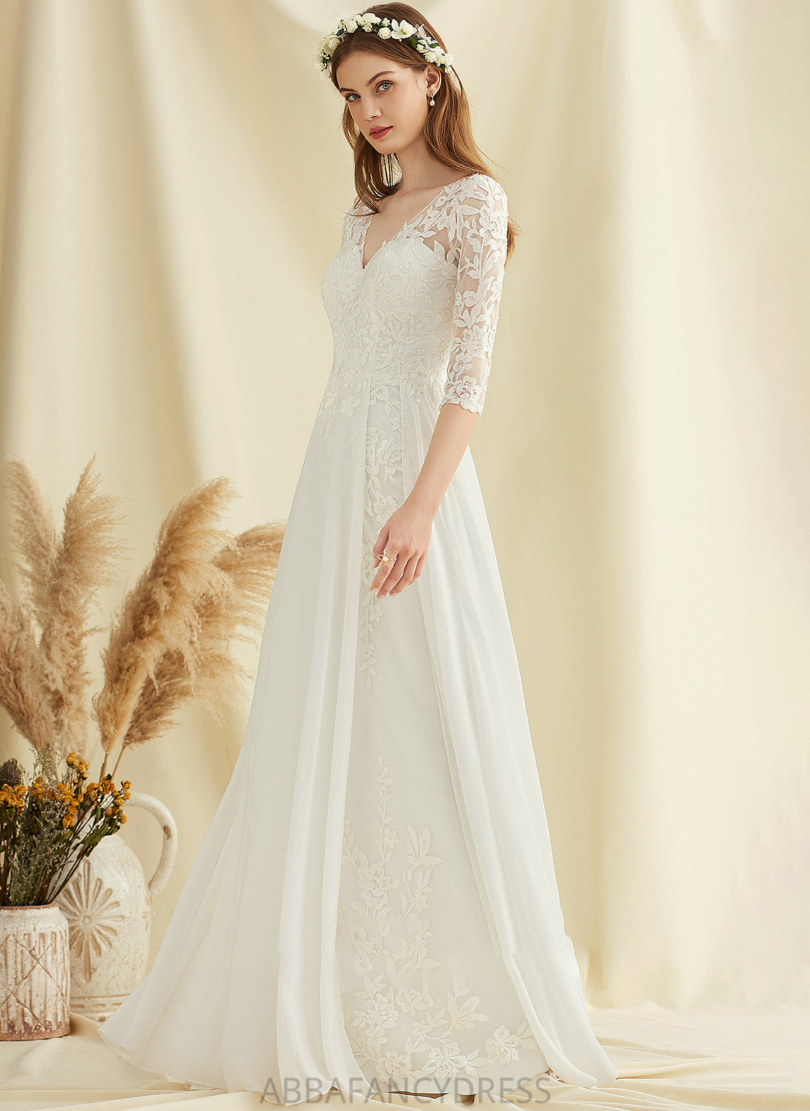 Micah Chiffon Floor-Length Lace Wedding Wedding Dresses A-Line Dress V-neck