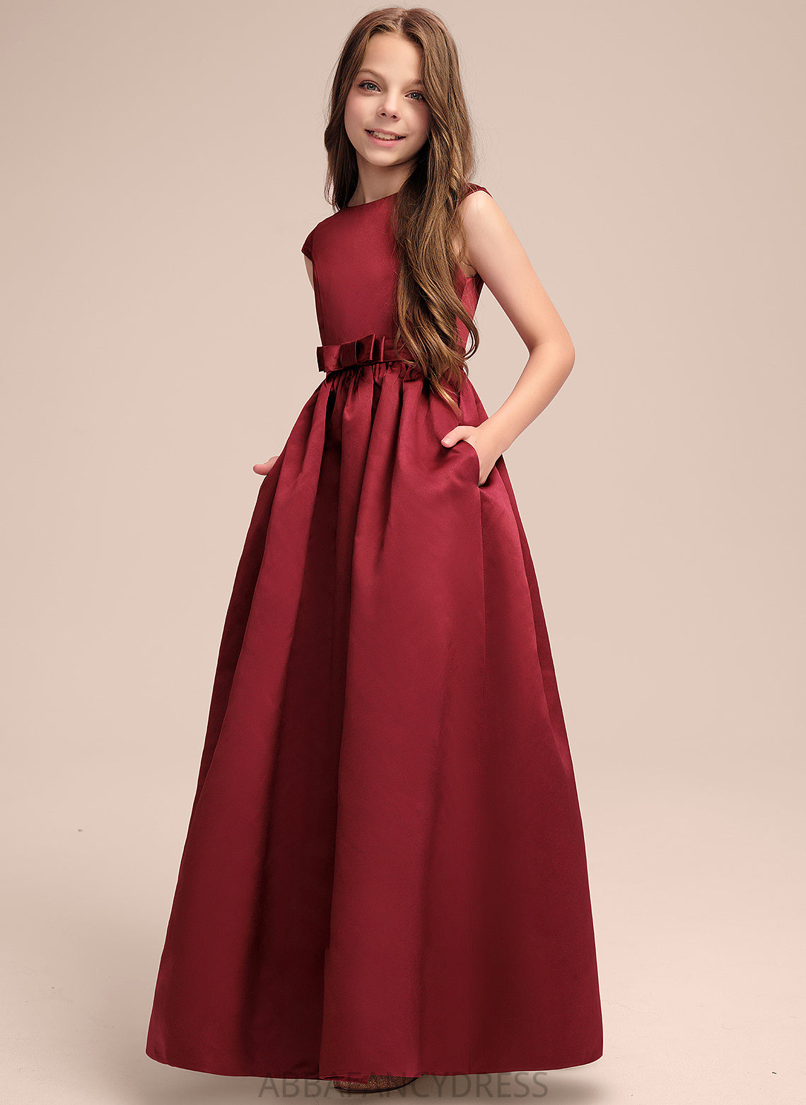 Pockets With A-Line Satin Junior Bridesmaid Dresses Scoop Floor-Length Cierra Bow(s) Neck