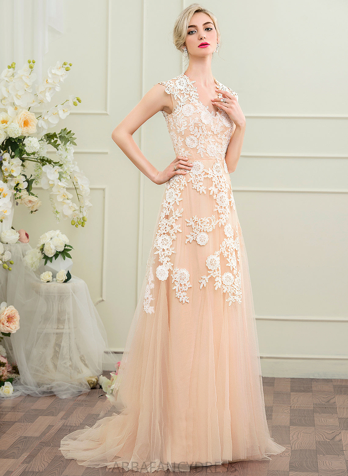 Victoria Wedding Wedding Dresses Sweep Train A-Line Tulle Dress V-neck