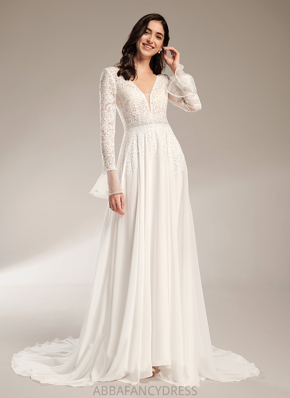 Wedding With Dress Train Wedding Dresses Lace V-neck A-Line Ruffle Court Zariah Chiffon