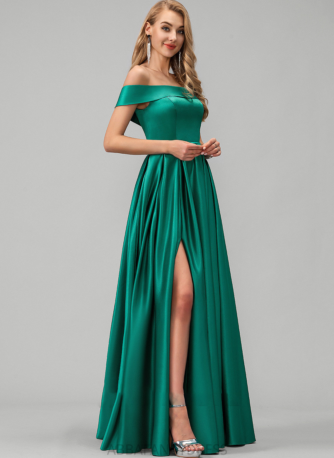 Satin Front Floor-Length Prom Dresses Split Ball-Gown/Princess With Pockets Off-the-Shoulder Mallory