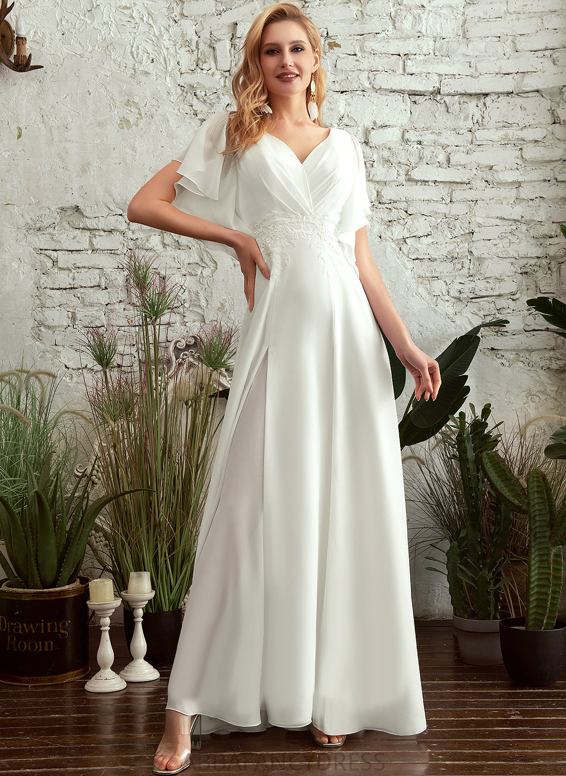 With Floor-Length V-neck Front Dress Lace A-Line Chiffon Wedding Eleanor Split Wedding Dresses