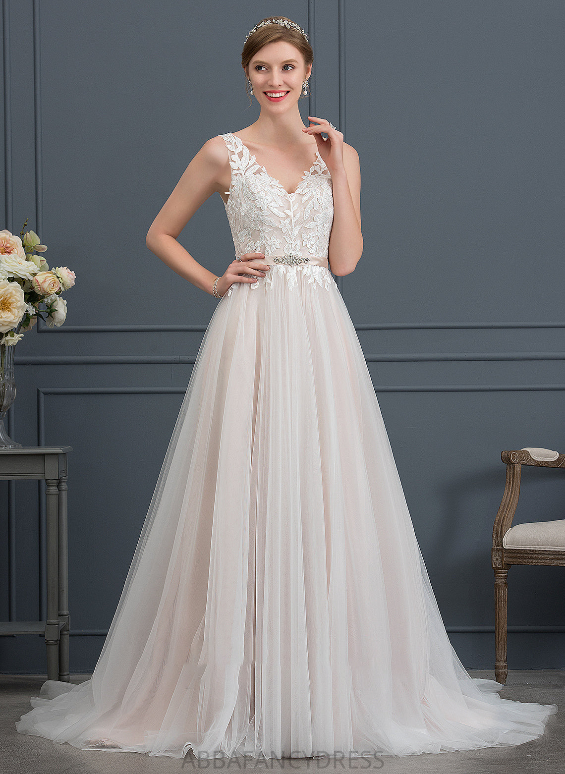 Emily Wedding With Beading V-neck Court Wedding Dresses Tulle Train A-Line Dress