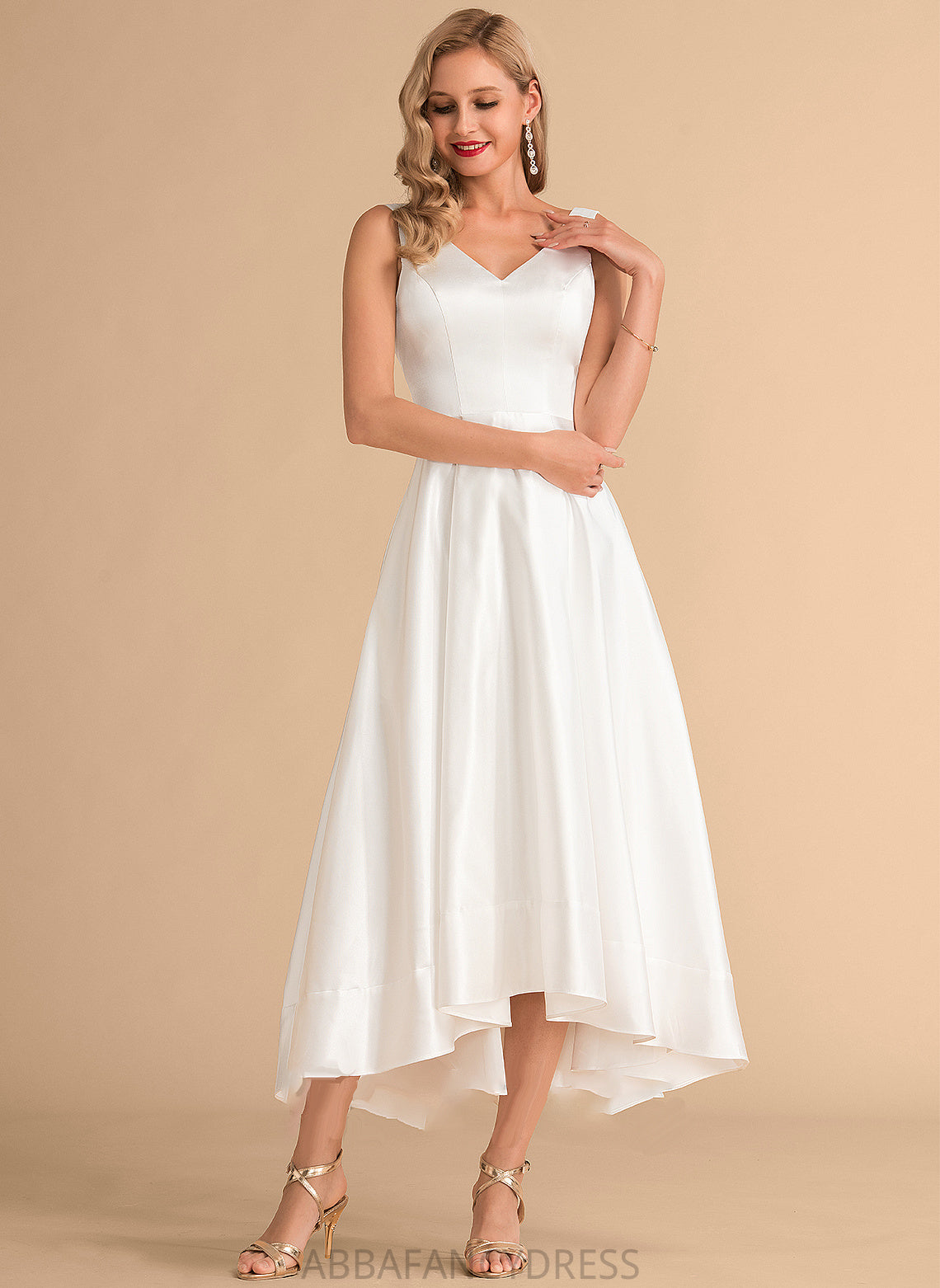 A-Line Abbie Wedding Satin Wedding Dresses V-neck Dress Asymmetrical