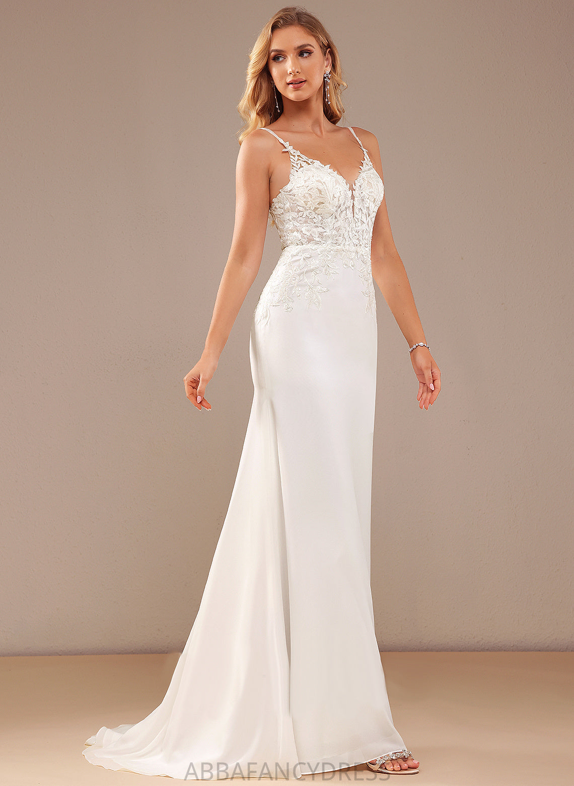 Lace With Court Train Lace Wedding Dresses Chiffon Trumpet/Mermaid Dress Wedding Beading Marcie V-neck