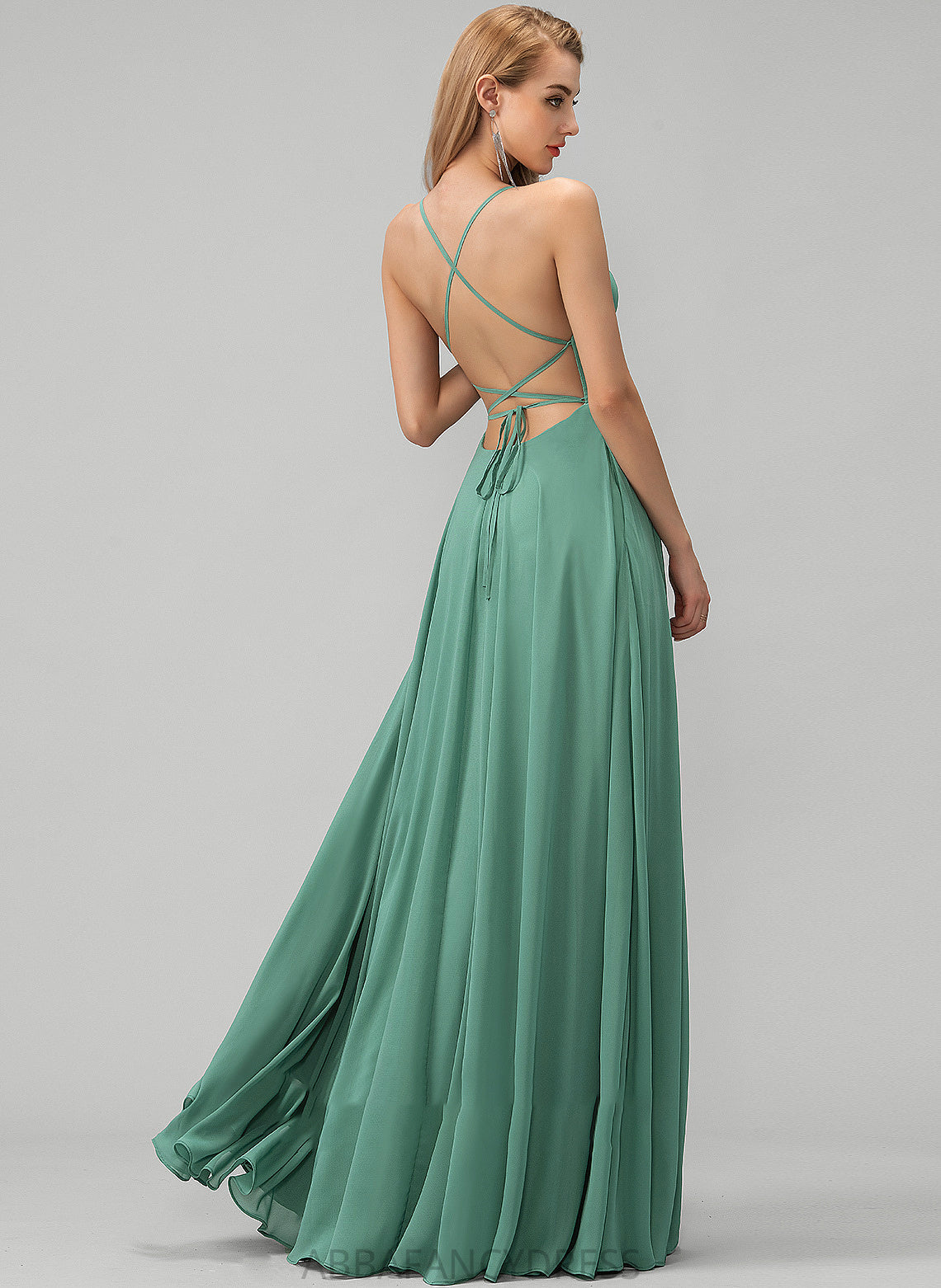 Front Sophie Pockets Square Prom Dresses With Split Chiffon Floor-Length A-Line Neckline