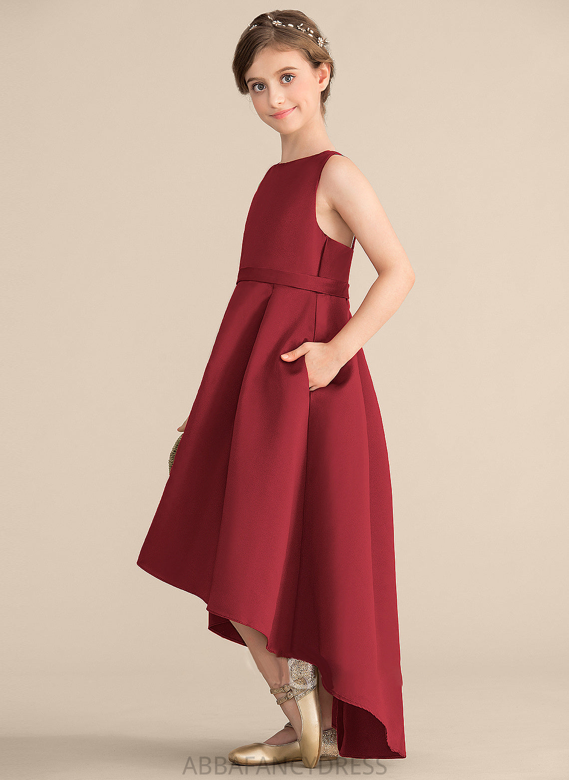 Asymmetrical Ruffle Scoop Phoebe Junior Bridesmaid Dresses With Neck Satin Pockets A-Line