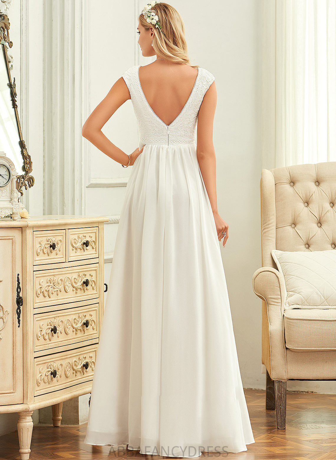 Floor-Length A-Line Wedding Dresses Lace Chiffon V-neck Esmeralda Dress Wedding