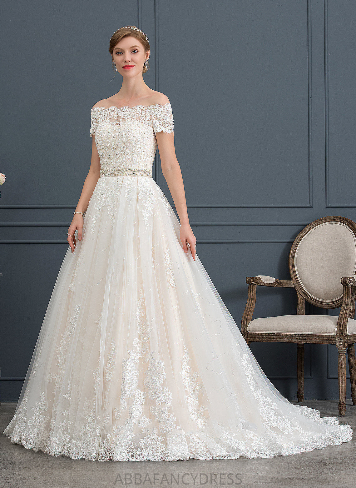 Wedding Dresses Heidi Lace Off-the-Shoulder Dress Beading Train With Sequins Wedding Ball-Gown/Princess Tulle Court