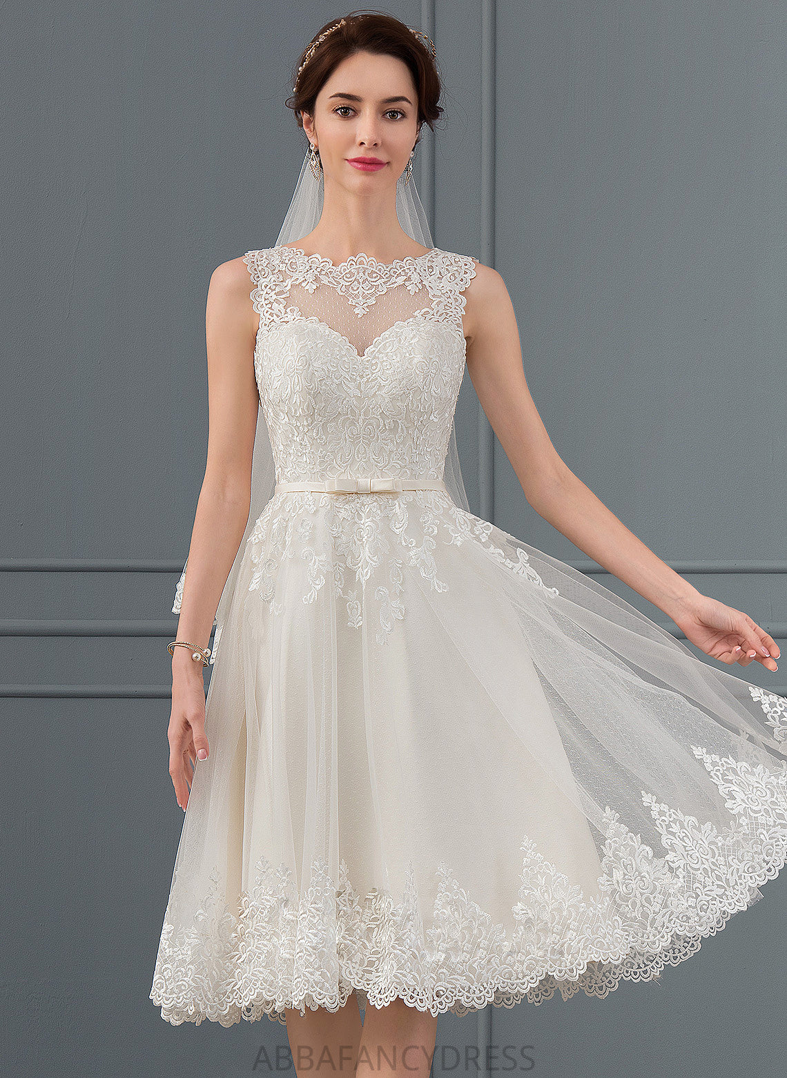 Helena A-Line Wedding Dresses Tulle Wedding Illusion With Dress Satin Bow(s) Knee-Length Lace