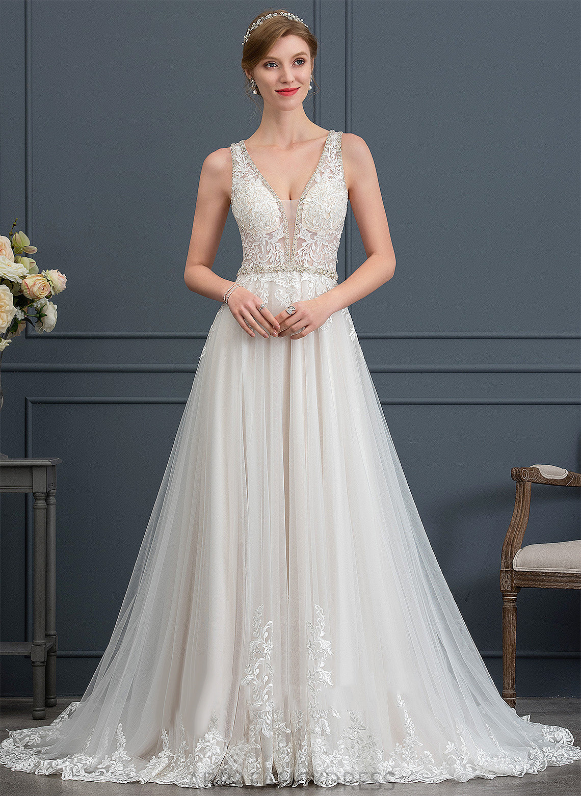 Train Lace Sequins Wedding Court Beading With Wedding Dresses Tulle Ball-Gown/Princess Dress Elaine V-neck