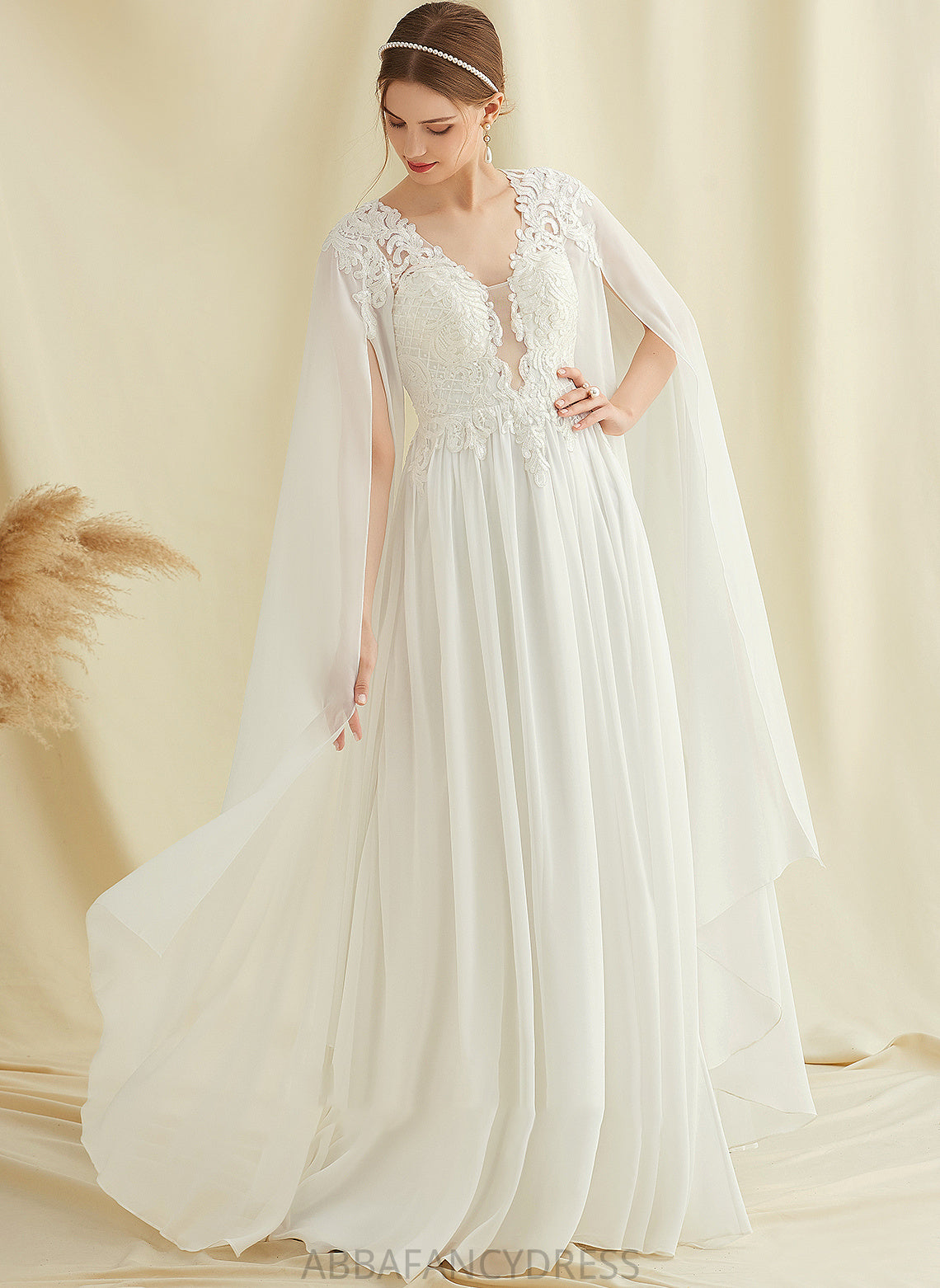 Floor-Length Lace Dress V-neck Chiffon A-Line Wedding With Sequins Wedding Dresses Annabel