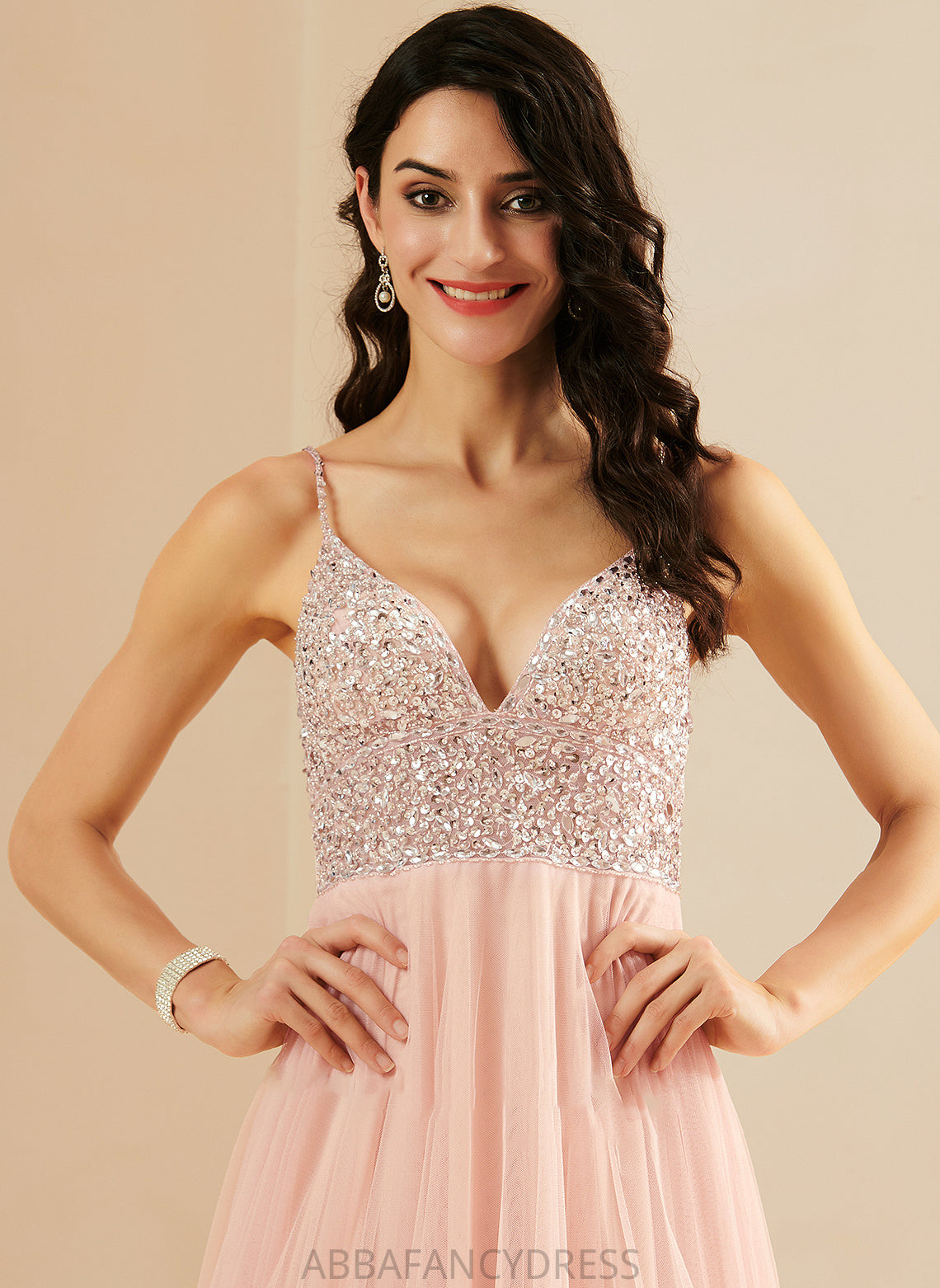 With Floor-Length Beading Tulle A-Line Emily V-neck Sequins Prom Dresses