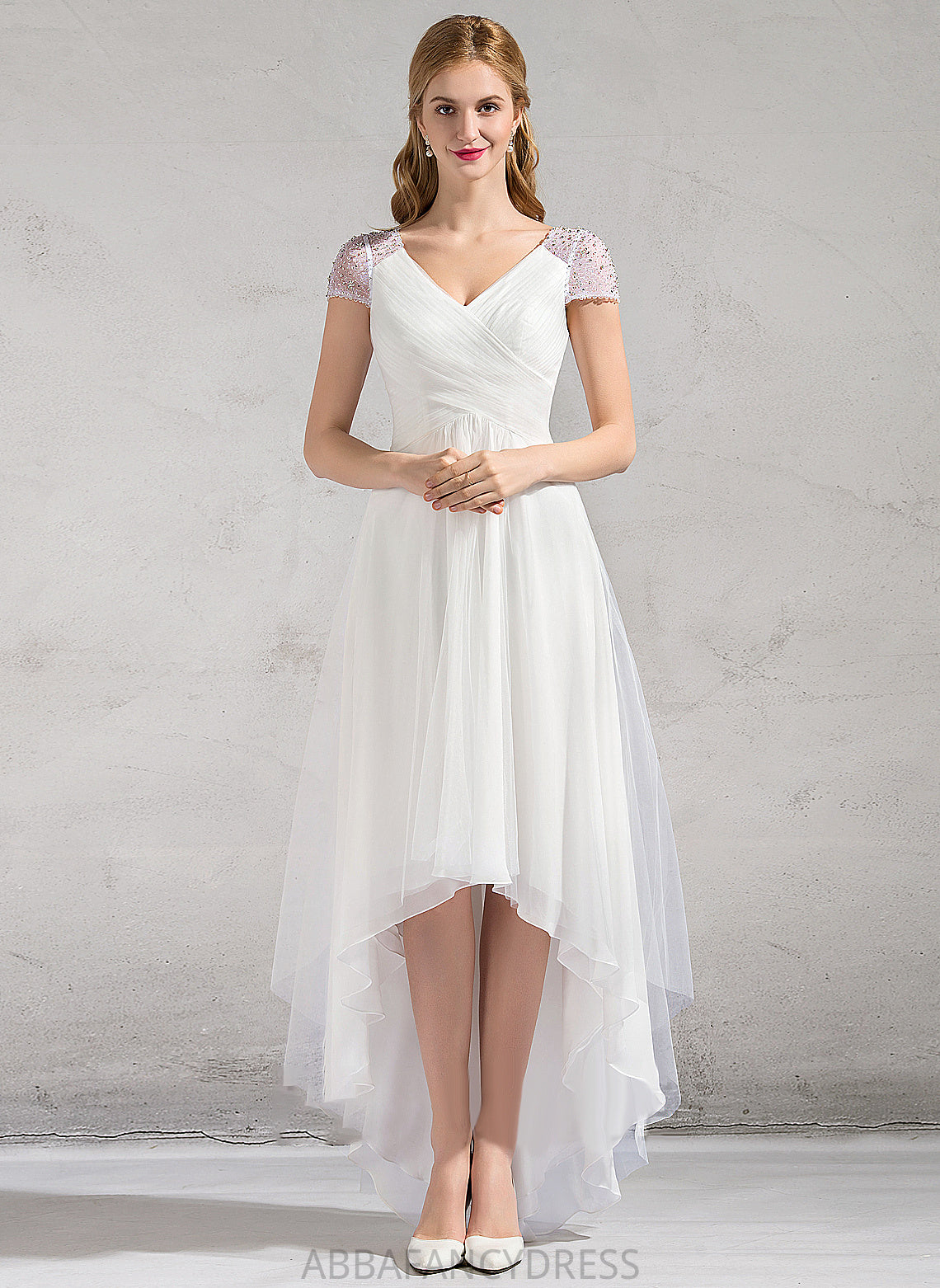 Sequins A-Line Asymmetrical Ruffle Wedding Wedding Dresses Karen Tulle Dress V-neck With Beading