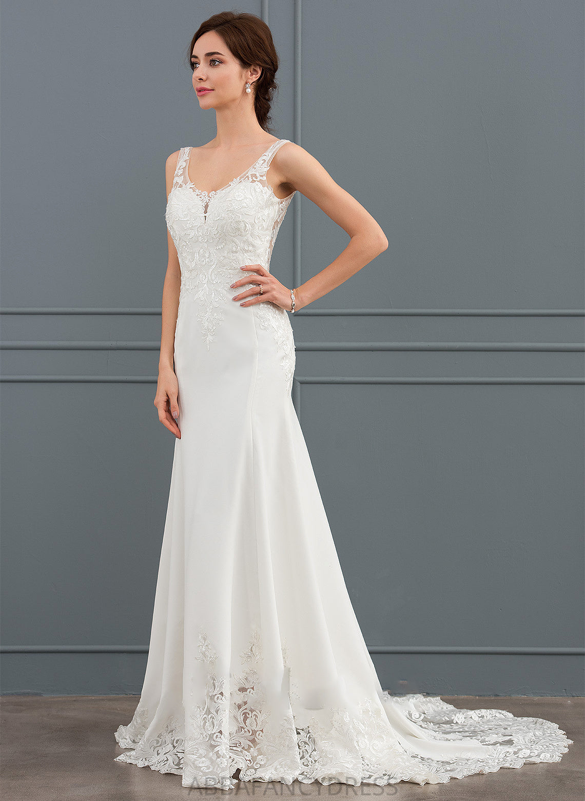 Stretch Trumpet/Mermaid Crepe Wedding Train Alexus With Court Dress Lace V-neck Sequins Wedding Dresses