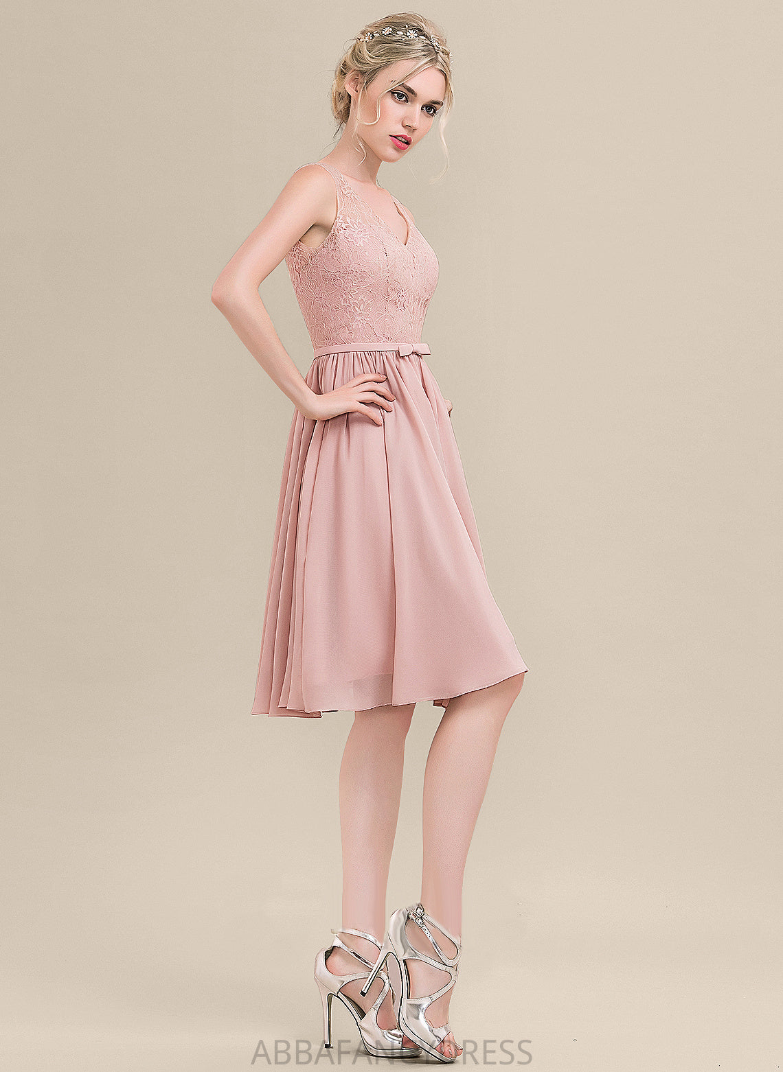 A-Line Lace Lace Knee-Length With Dress Bow(s) Homecoming Homecoming Dresses Chiffon Maia V-neck