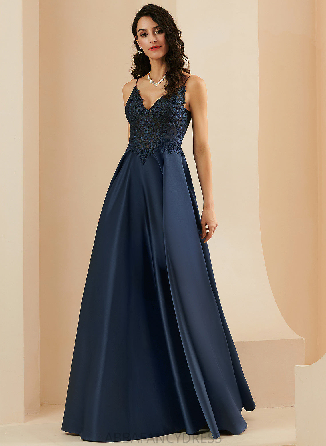 Lace Satin Prom Dresses Sasha With Floor-Length A-Line V-neck