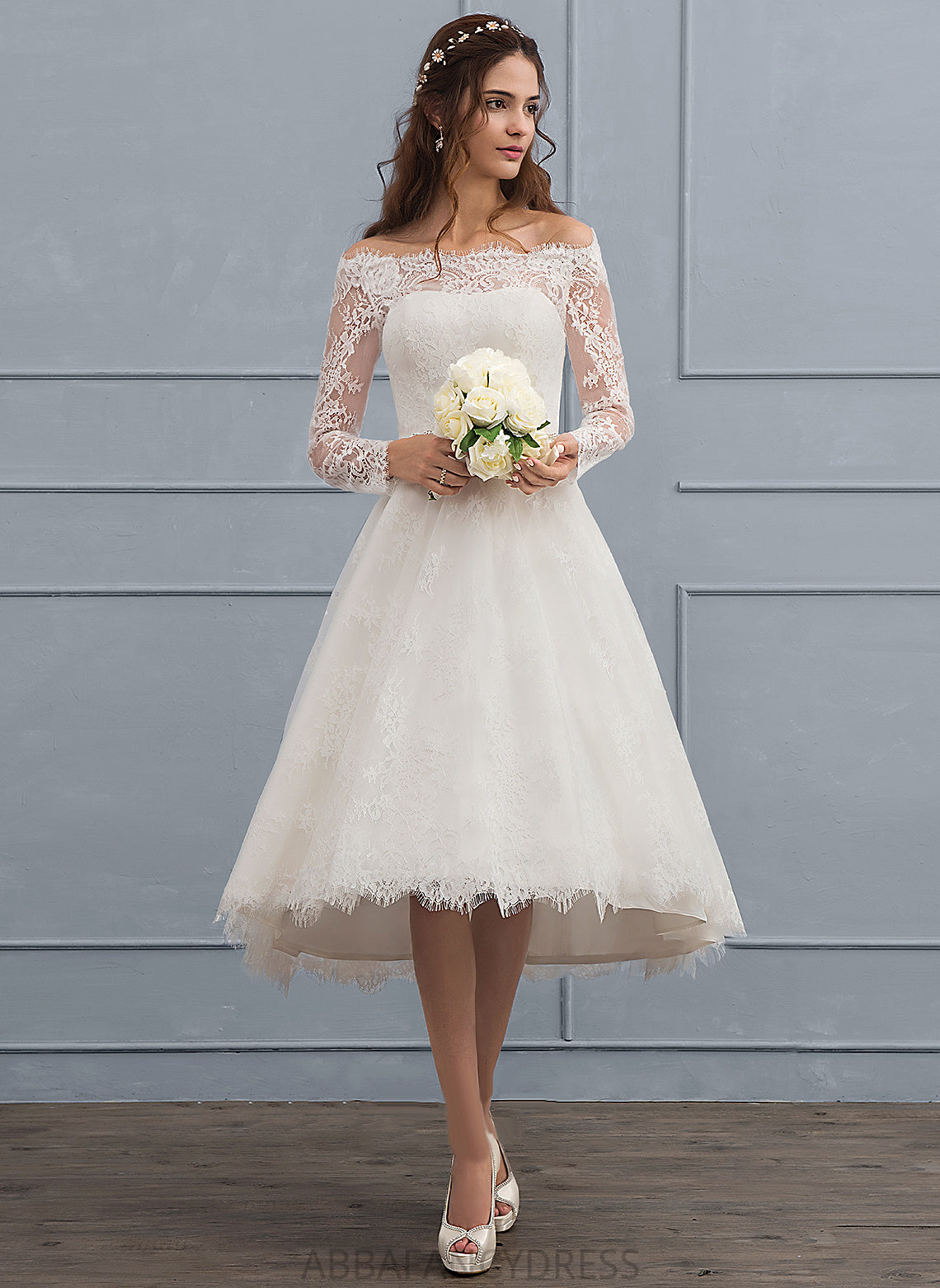 Beading Wedding Dresses Wedding Dress Asymmetrical Aileen Off-the-Shoulder With A-Line Lace